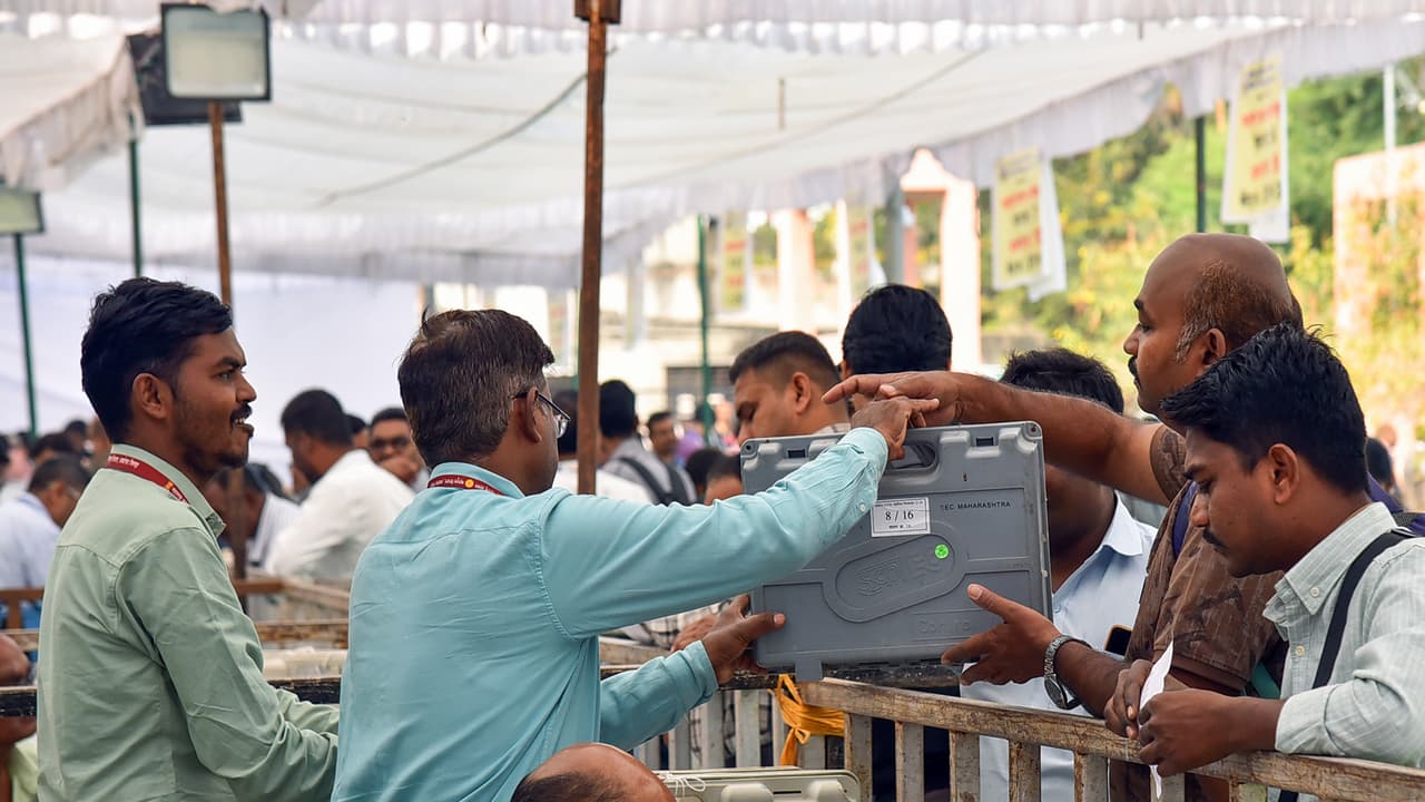 Polling officials collect election materials before leaving for their respective polling stations (Photo: ANI) Polling officials collect election materials before leaving for their respective polling stations (Photo: ANI)