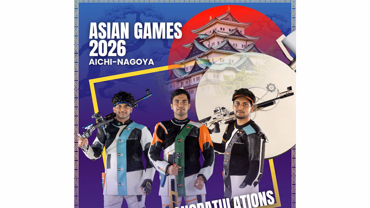 Indian shooters Parth, Himanshu and Rudrankksh. (Photo: @mansukhmandviya X) Indian shooters Parth, Himanshu and Rudrankksh. (Photo: @mansukhmandviya X)