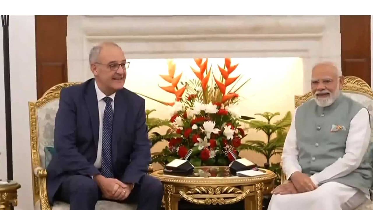 Prime Minister Narendra Modi and Swiss President Guy Parmelin during their bilateral talks at Hyderabad House in New Delhi. (Photo/ANI) Prime Minister Narendra Modi and Swiss President Guy Parmelin during their bilateral talks at Hyderabad House in New Delhi. (Photo/ANI)