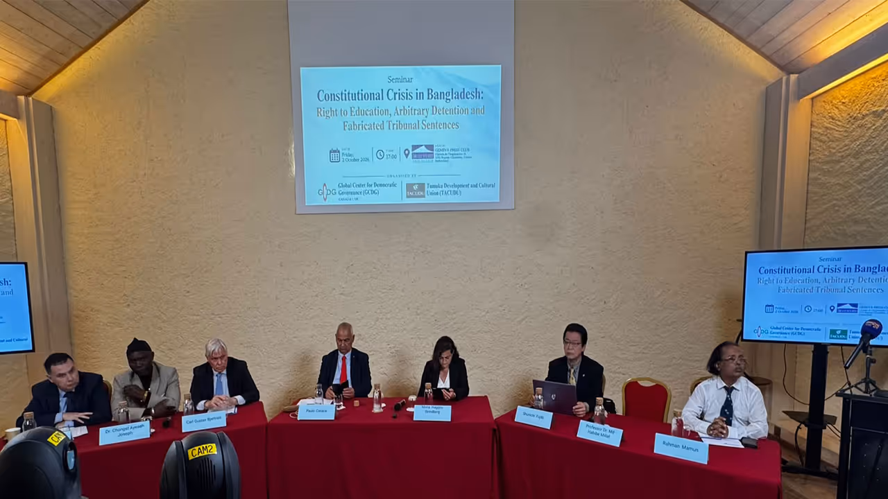 Speakers and panellists are seen addressing a seminar titled "Constitutional Crisis in Bangladesh: Right to Education, Arbitrary Detention and Fabricated Tribunal Sentences," held alongside the 63rd UN Human Rights Session in Geneva. (Photo/ANI) Speakers and panellists are seen addressing a seminar titled "Constitutional Crisis in Bangladesh: Right to Education, Arbitrary Detention and Fabricated Tribunal Sentences," held alongside the 63rd UN Human Rights Session in Geneva. (Photo/ANI)