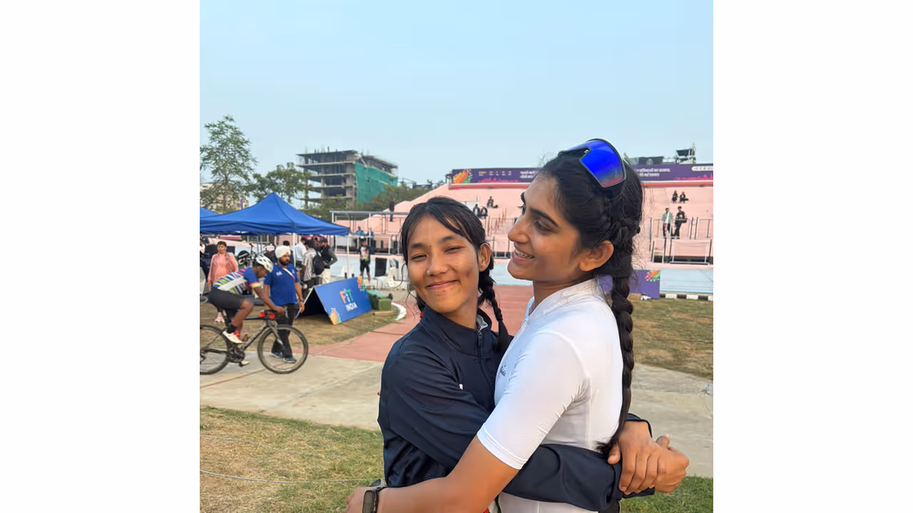 Meenakshi Rohilla along with cyclist Khoirom Rajiya Devi after the race at Khelo India University Games 2025 (Image: SAI media) Meenakshi Rohilla along with cyclist Khoirom Rajiya Devi after the race at Khelo India University Games 2025 (Image: SAI media)