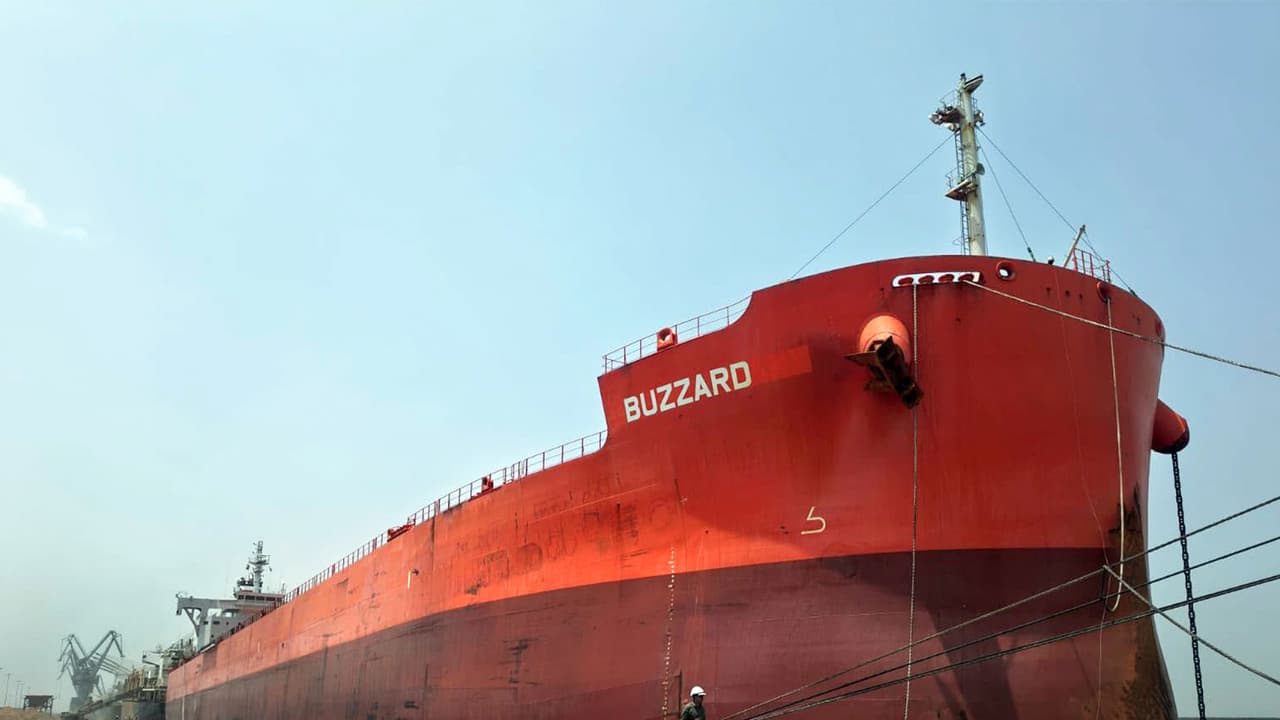 MV BUZZARD at Deendayal Port Authority, Kandla (Photo/ANI) MV BUZZARD at Deendayal Port Authority, Kandla (Photo/ANI)