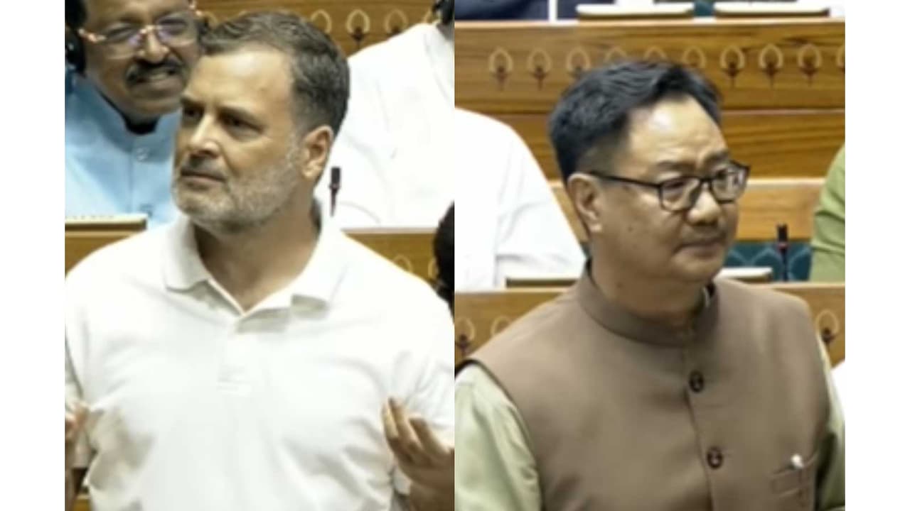 Congress MP and LoP Rahul Gandhi and Minister of Parliamentary Affairs Kiren Rijiju (Photo/Sansad tv) Congress MP and LoP Rahul Gandhi and Minister of Parliamentary Affairs Kiren Rijiju (Photo/Sansad tv)