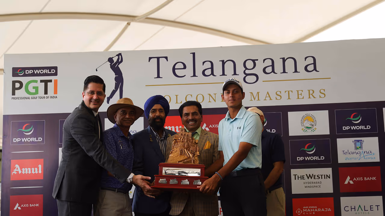 Vishesh Sharma lifting Telangana Golconda Masters trophy (Image: PGTI) Vishesh Sharma lifting Telangana Golconda Masters trophy (Image: PGTI)