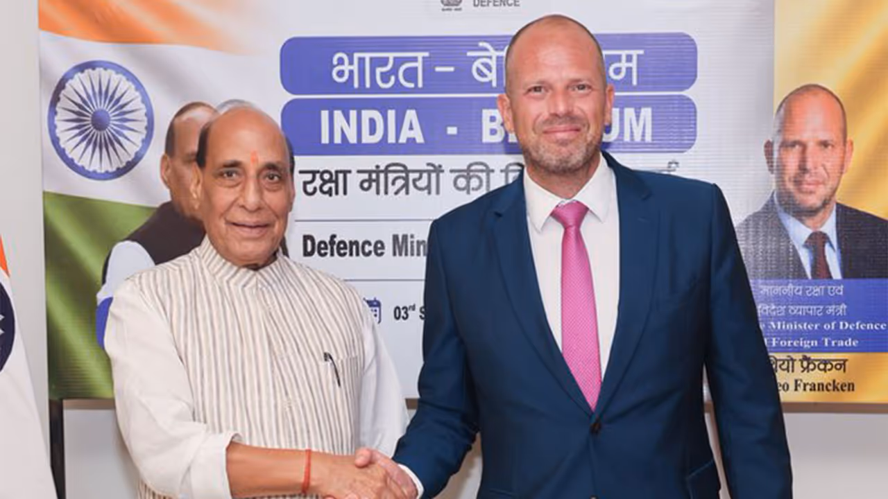 Defence Minister Rajnath Singh and his Belgian counterpart, Theo Francken. (Photo: X/@rajnathsingh) Defence Minister Rajnath Singh and his Belgian counterpart, Theo Francken. (Photo: X/@rajnathsingh)