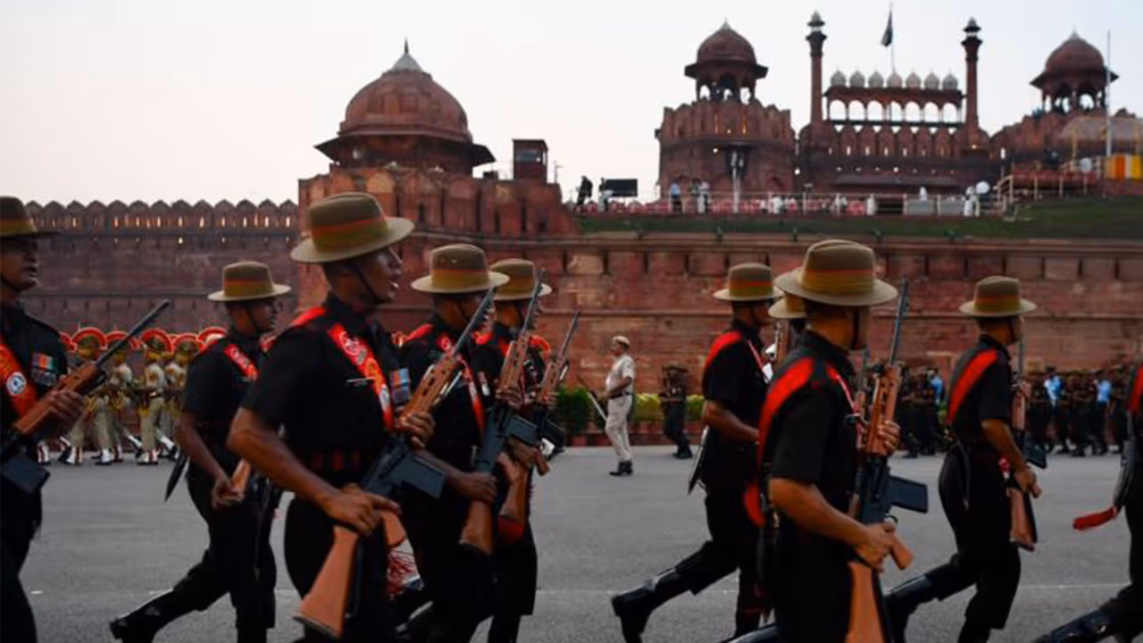 In the run up to the 80th Independence Day celebrations, a full dress rehearsal underway at the Red Fort. (Photo: ANI) In the run up to the 80th Independence Day celebrations, a full dress rehearsal underway at the Red Fort. (Photo: ANI)