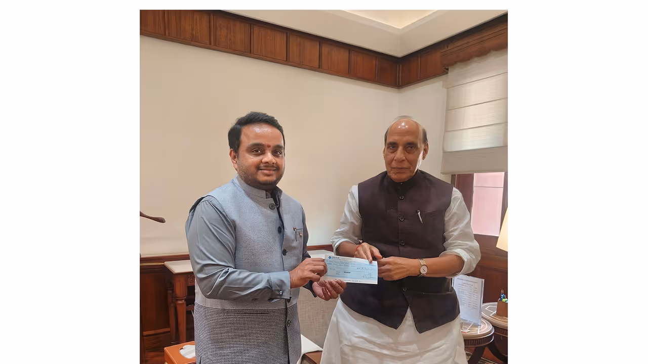 RS MP Vijay Chintakayala with Raksha Mantri Rajnath Singh (Photo/@vijaychinthak) RS MP Vijay Chintakayala with Raksha Mantri Rajnath Singh (Photo/@vijaychinthak)