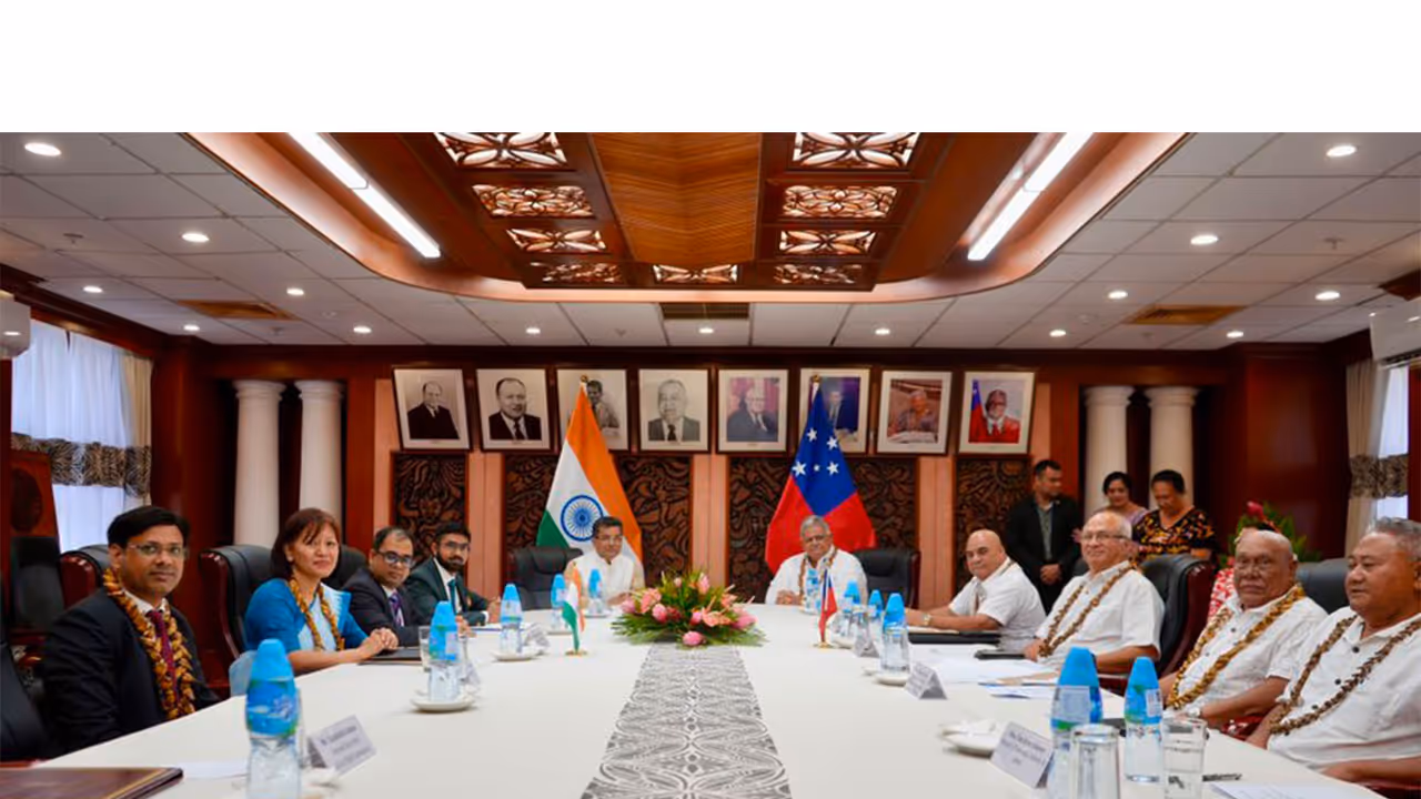 Minister of State for External Affairs Pabitra Margherita meets Samoa's Prime Minister La'auli Leuatea Schmidt and senior officials in Apia. (Photo: X/@PmargheritaBJP) Minister of State for External Affairs Pabitra Margherita meets Samoa's Prime Minister La'auli Leuatea Schmidt and senior officials in Apia. (Photo: X/@PmargheritaBJP)
