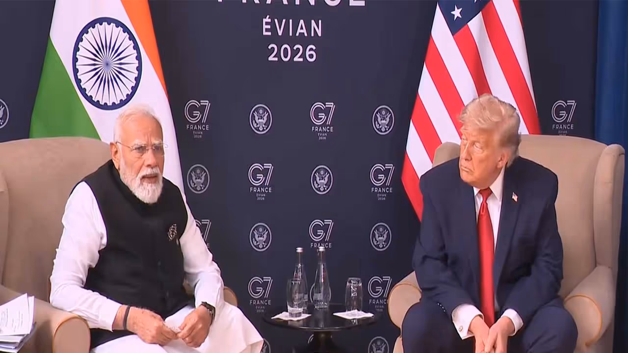 Prime Minister Narendra Modi and US President Donald Trump hold bilateral talks on the sidelines of the G7 Summit in Évian les Bains, France. (Photo/ANI) Prime Minister Narendra Modi and US President Donald Trump hold bilateral talks on the sidelines of the G7 Summit in Évian les Bains, France. (Photo/ANI)