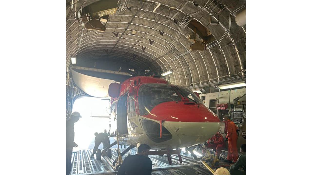 Advanced Light Helicopter (ALH) Dhruv of the Indian Air Force's Sarang Display Team being loaded inside a transport aircraft. (Photo: X/@indembcairo) Advanced Light Helicopter (ALH) Dhruv of the Indian Air Force's Sarang Display Team being loaded inside a transport aircraft. (Photo: X/@indembcairo)