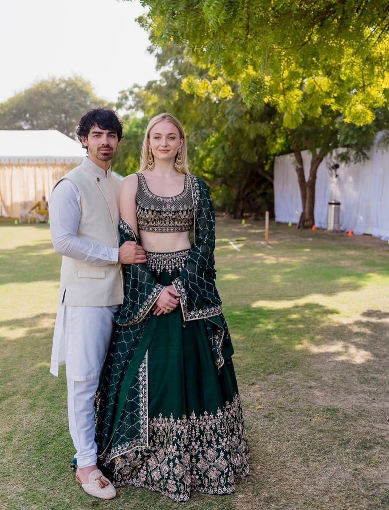 Joe Jonas and girlfriend Sophie Turner rocked matching his and her outfits designed by Dongre. Joe Jonas and girlfriend Sophie Turner rocked matching his and her outfits designed by Dongre.