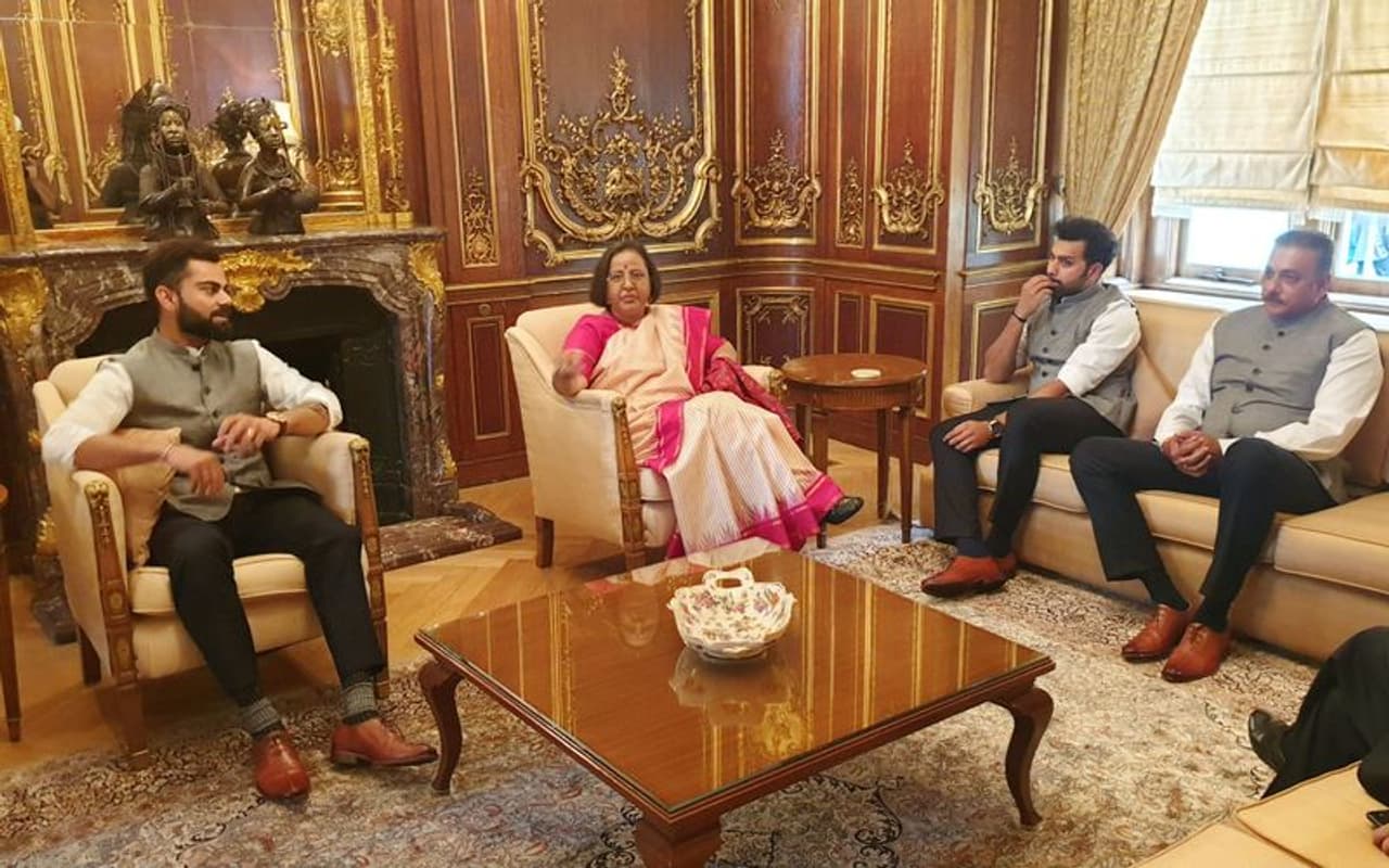 India captain Virat Kohli, vice captain Rohit Sharma and coach Ravi Shastri are seen interacting with Indian High Commissioner Ruchi Ghanashyam India captain Virat Kohli, vice captain Rohit Sharma and coach Ravi Shastri are seen interacting with Indian High Commissioner Ruchi Ghanashyam