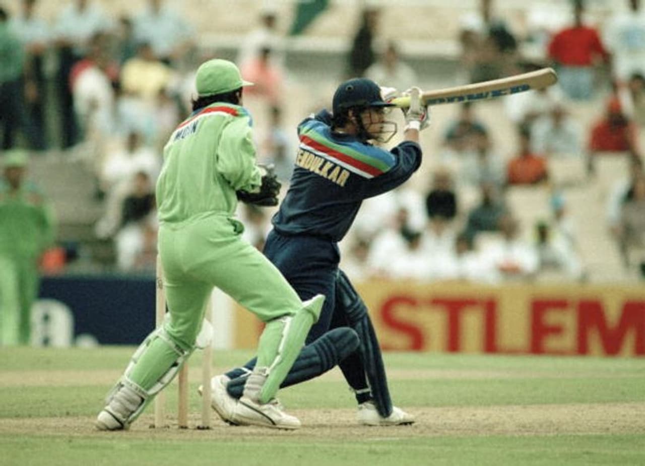 Sachin Tendulkar batting for India during their 1992 World Cup match against Pakistan at the Sydney Cricket Ground, March 4, 1992. Pakistan wicketkeeper is Moin Khan. Tendulkar scored 54 not out and India won by 43 runs