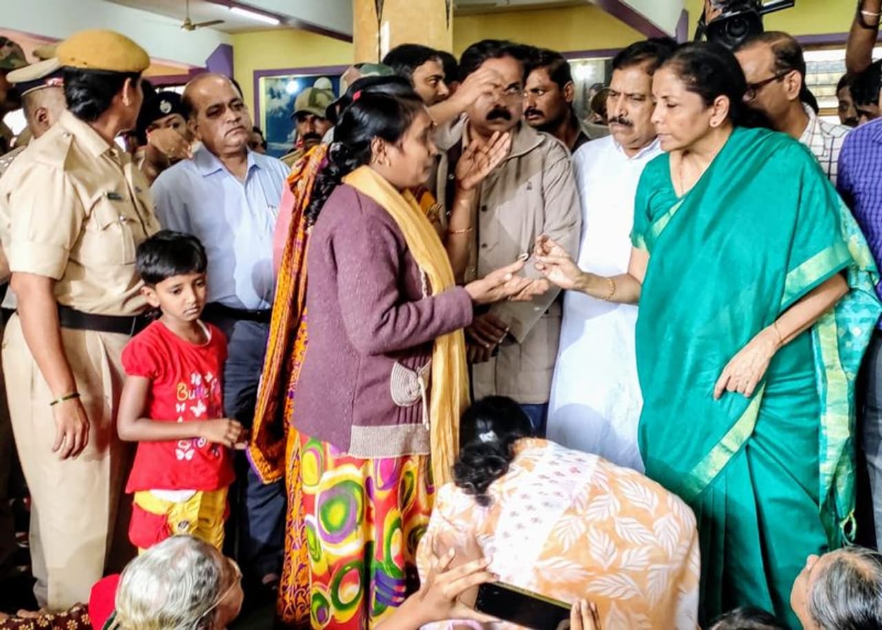 Union finance minister Nirmala Sitharaman reached flood hit Belagavi, Karnataka today (August 10). Belagavi has been reported to be one of the worst hit districts