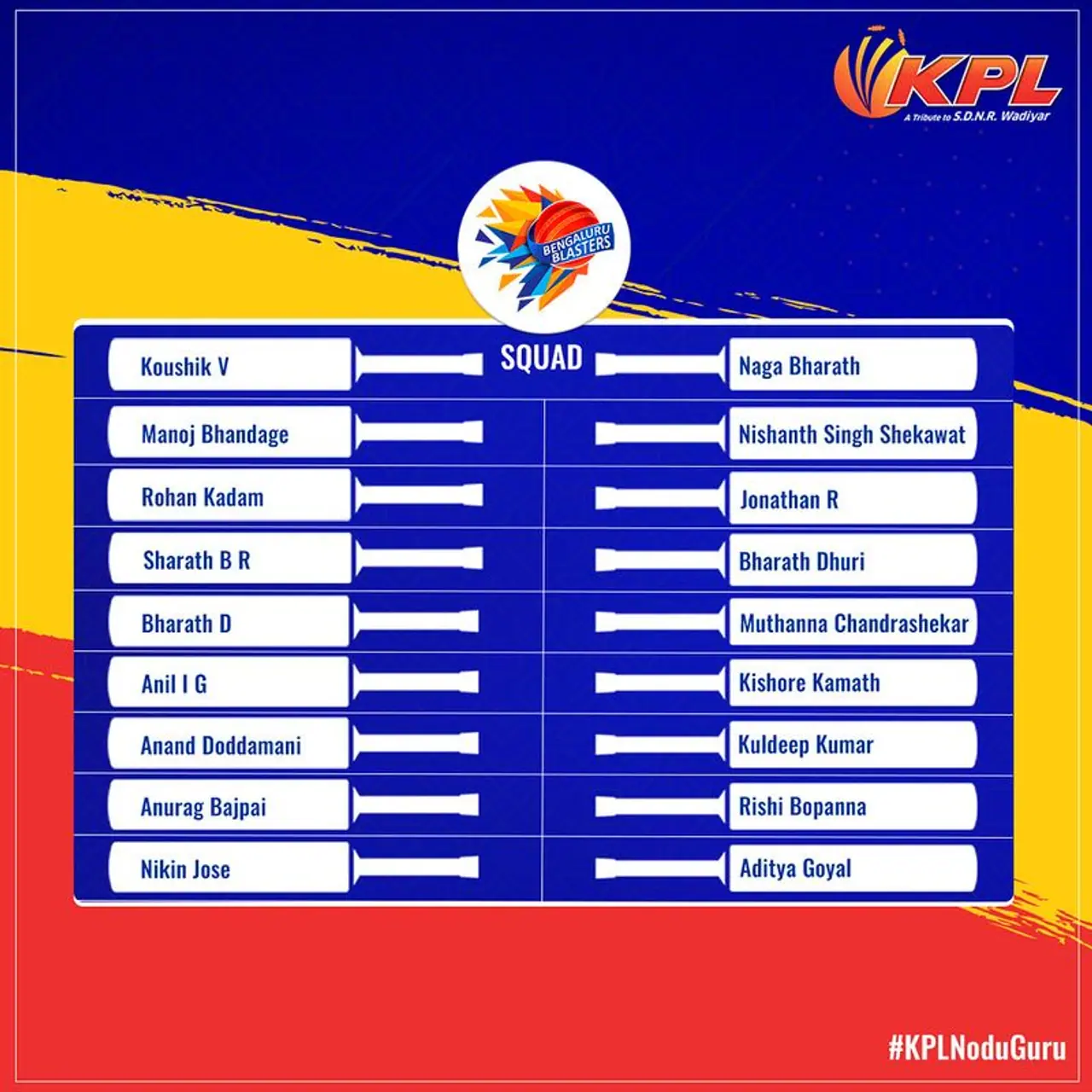 Bengaluru Blasters: Rongsen Jonathon (captain), V Koushik, Manoj Bhandage, Rohan Kadam, Sharath BR, Bharath Duri, Anand Doddamani, Naga Bharath, Bharath D, Anil IG, Nikin Jose, Anuraj Bajpai, Nishant S Shekhawat, Muthanna Chandrasekhar, Kishore Kamath, Kuldeep Kumar, Rishi Bopanna, Aditya Goyal.