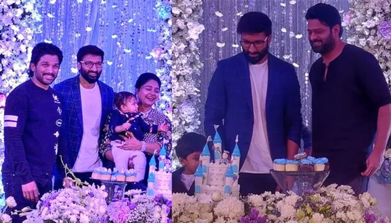 నిన్న శుక్రవారం యాక్షన్ హీరో గోపీచంద్ రెండవ కుమారుడు విజయ్ మొదటి పుట్టినరోజు. ఈ సందర్భంగా తన ఇంట్లో లో అంగరంగ వైభవంగా వేడుక చేసారు. ఈ మేరకు పార్టీ ఎరేంజ్ చేసారు. ఈ వేడుకకు తన స్నేహితులైన యంగ్ రెబెల్ స్టార్ ప్రభాస్, స్టైలిష్ స్టార్ అల్లు అర్జున్ కూడా పిలిచారు. రీసెంట్ గా సాహోతో ప్రేక్షకులను పలకరించిన ప్రభాస్ క్యాజువల్ బ్లాక్ షర్ట్లో కనిపించారు.గోపీచంద్, అల్లు అర్జున్, ప్రభాస్ ఉన్న ఫొటోలు మీడియాలో వైరల్ అవుతున్నాయి. నిన్న శుక్రవారం యాక్షన్ హీరో గోపీచంద్ రెండవ కుమారుడు విజయ్ మొదటి పుట్టినరోజు. ఈ సందర్భంగా తన ఇంట్లో లో అంగరంగ వైభవంగా వేడుక చేసారు. ఈ మేరకు పార్టీ ఎరేంజ్ చేసారు. ఈ వేడుకకు తన స్నేహితులైన యంగ్ రెబెల్ స్టార్ ప్రభాస్, స్టైలిష్ స్టార్ అల్లు అర్జున్ కూడా పిలిచారు. రీసెంట్ గా సాహోతో ప్రేక్షకులను పలకరించిన ప్రభాస్ క్యాజువల్ బ్లాక్ షర్ట్లో కనిపించారు.గోపీచంద్, అల్లు అర్జున్, ప్రభాస్ ఉన్న ఫొటోలు మీడియాలో వైరల్ అవుతున్నాయి.