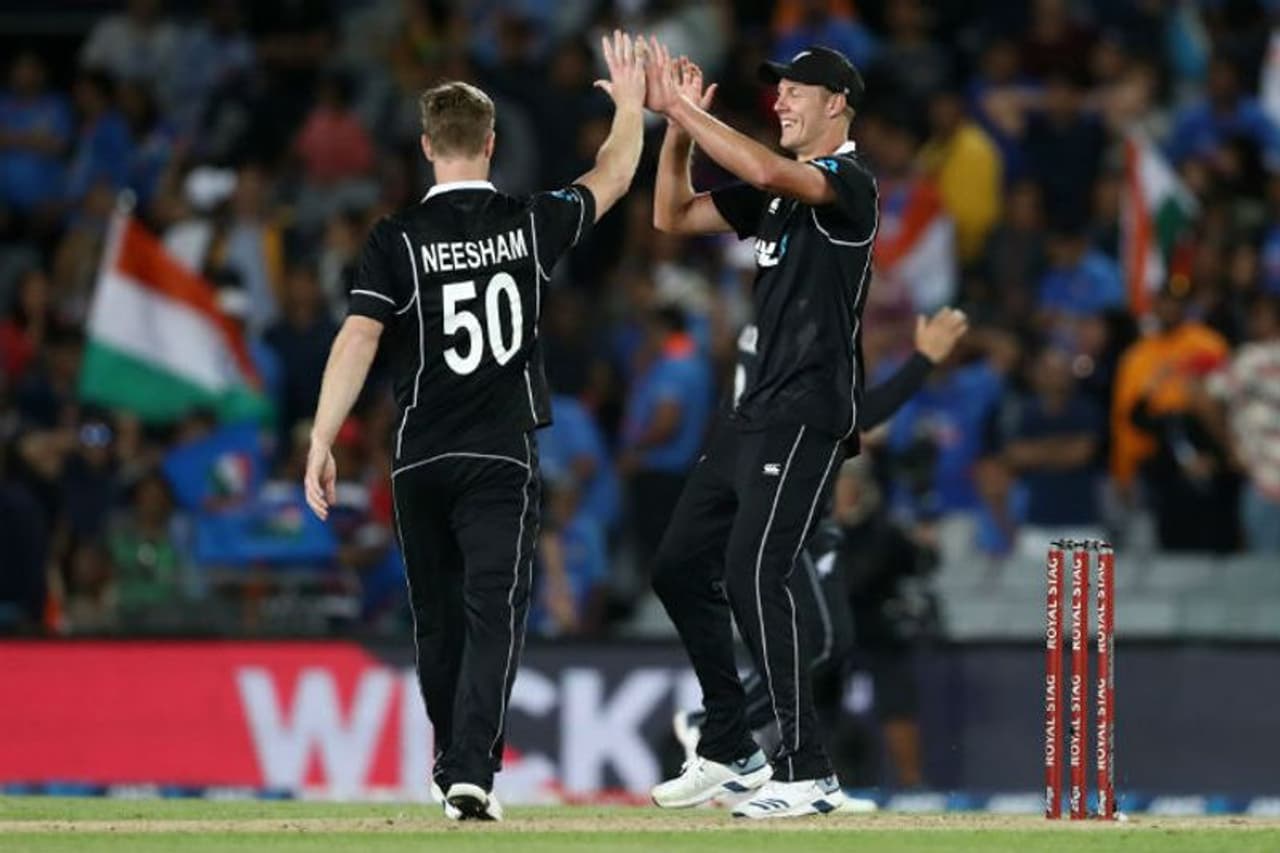 Kyle Jamieson and Jimmy Neesham of the Black Caps celebrate after winning game two of the One Day International Series between New Zealand and India at at Eden Park on February 08, 2020 in Auckland, New Zealand. Kyle Jamieson and Jimmy Neesham of the Black Caps celebrate after winning game two of the One Day International Series between New Zealand and India at at Eden Park on February 08, 2020 in Auckland, New Zealand.