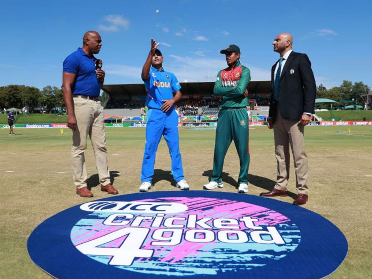Priyam Garg of India and Mohammad Akbar Ali of Bangladesh pictured during the coin toss ahead of the ICC U19 Cricket World Cup Super League Final match between India and Bangladesh at JB Marks Oval on February 09, 2020 in Potchefstroom, South Africa. (Photo by Matthew Lewis ICC/ICC via Getty Images) Priyam Garg of India and Mohammad Akbar Ali of Bangladesh pictured during the coin toss ahead of the ICC U19 Cricket World Cup Super League Final match between India and Bangladesh at JB Marks Oval on February 09, 2020 in Potchefstroom, South Africa. (Photo by Matthew Lewis ICC/ICC via Getty Images)