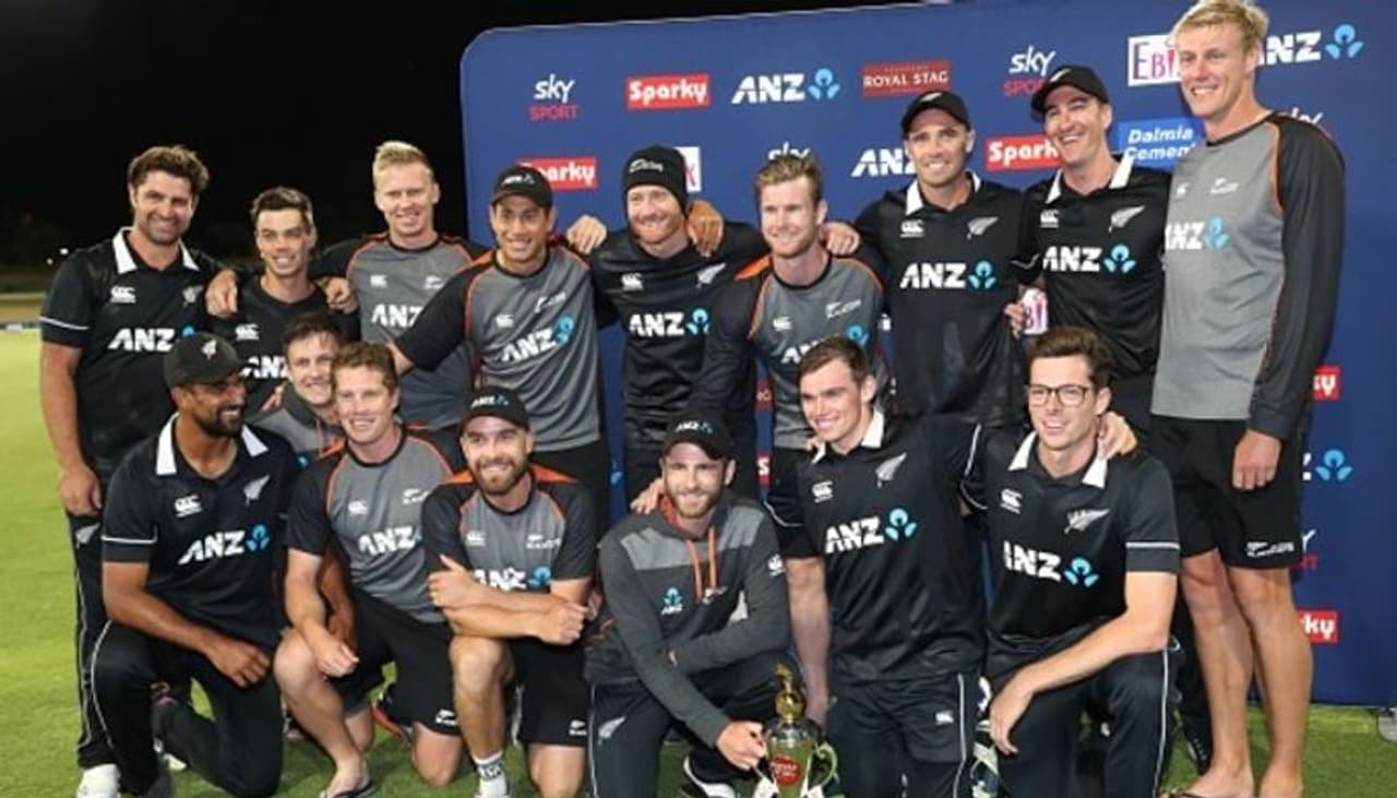 New Zealand players pose for pictures after winning the series 3 0 New Zealand players pose for pictures after winning the series 3 0