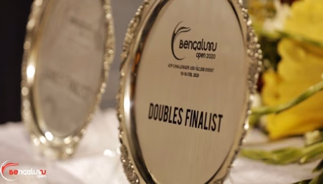 The Bengaluru Open doubles runners up plaque is pictured at the KSLTA Stadium The Bengaluru Open doubles runners up plaque is pictured at the KSLTA Stadium