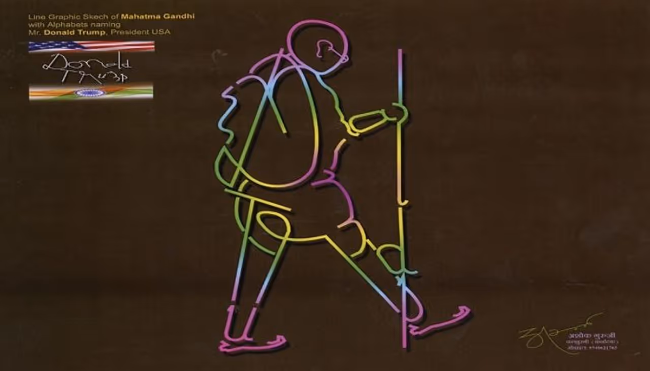 ಟ್ರಂಪ್ ಹೆಸರಲ್ಲಿನ 11 ಆಂಗ್ಲ ವರ್ಣಮಾಲೆ ಬಳಸಿ ಗಾಂಧೀಜಿ ರೇಖಾಚಿತ್ರ ಬಿಡಿಸಿದ ಕಲಾವಿದ ಅಶೋಕ ಗುರೂಜಿ
