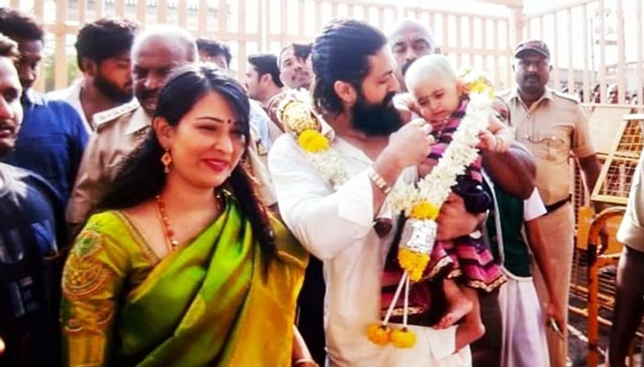 KGF star Yash and wife Radhika got their elder daughter Ayra's head tonsured at a temple. KGF star Yash and wife Radhika got their elder daughter Ayra's head tonsured at a temple.