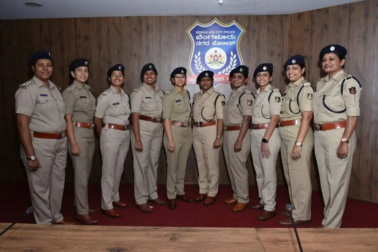 The women police officers at Bengaluru Police Commissionerate all posed together in symbolic representation as part of Women's Day celebrations
