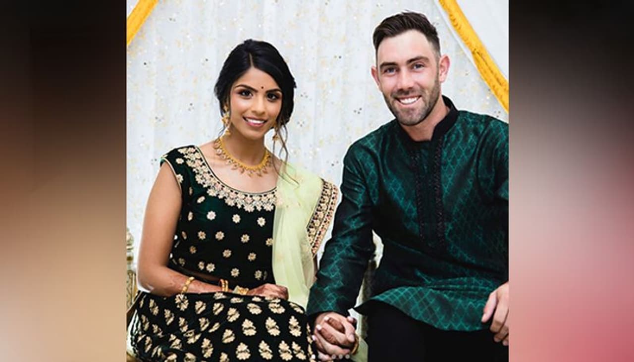 Glenn Maxwell and Vini Raman are pictured together at their engagement ceremony in Melbourne