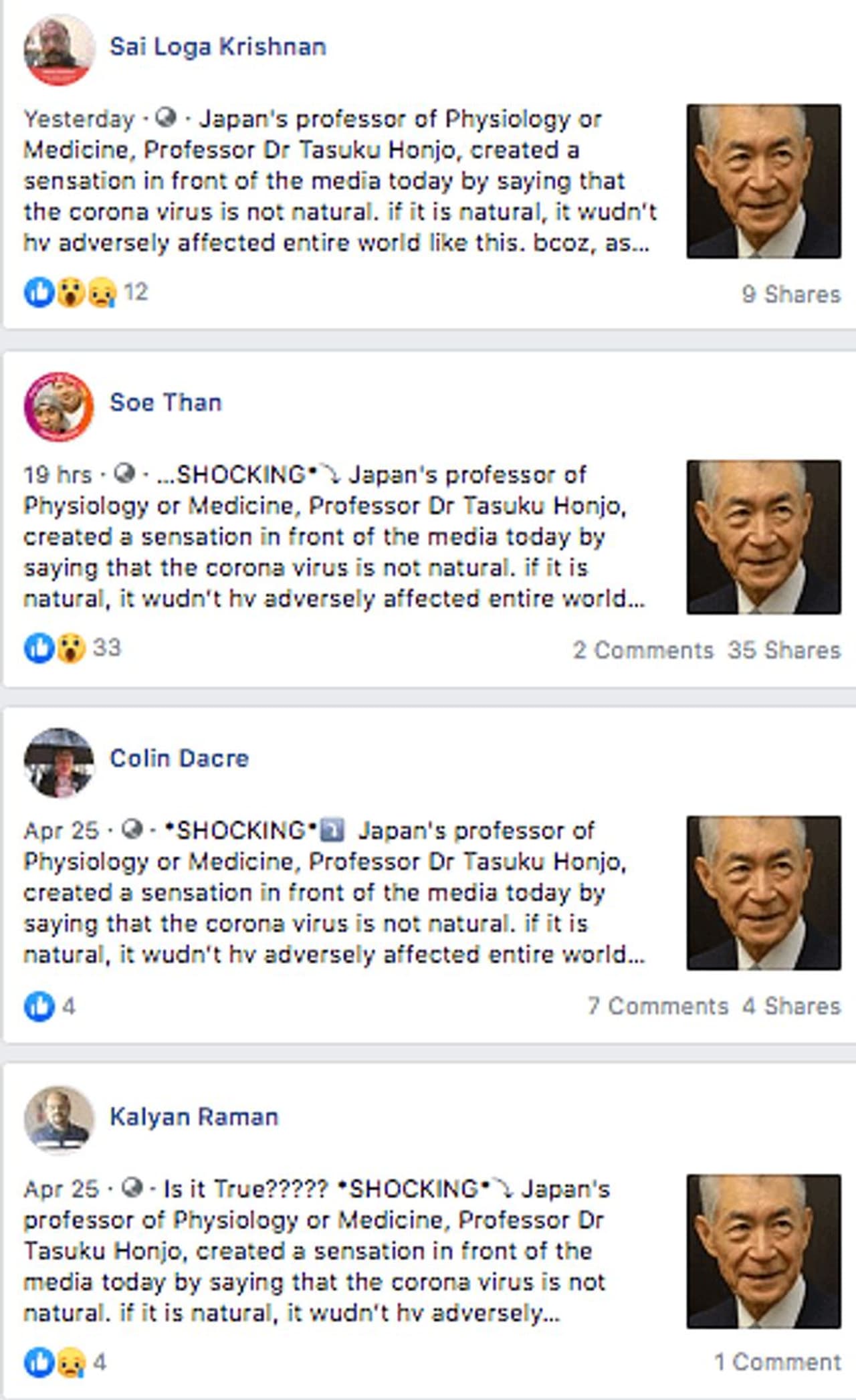 <p><strong>വൈറല് സന്ദേശത്തില് പറയുന്നത്</strong></p><p> </p><p><em>'മാധ്യമങ്ങളോട് സംസാരിക്കവെയാണ് ടസുക്കോ ഹോഞ്ചോ കൊവിഡ് സ്വാഭാവികമായി ഉണ്ടായതല്ല എന്ന് വെളിപ്പെടുത്തിയത്. വൈറസ് സ്വാഭാവികമായി ഉണ്ടായതാണെങ്കില് ലോകമെമ്പാടും പടരുമായിരുന്നില്ല. കാരണം താപനില ഓരോ രാജ്യങ്ങളിലും വ്യത്യസ്തമാണ്. ചൈനയിലെ സമാന കാലാവസ്ഥയുള്ള രാജ്യങ്ങളില് മാത്രമല്ല കൊവിഡ് പടര്ന്നത്. സ്വിറ്റ്സര്ലന്ഡ് പോലുള്ള രാജ്യങ്ങളിലും മരുഭൂമികളിലും കൊവിഡ് പടരുന്നു'. </em></p> <p><strong>വൈറല് സന്ദേശത്തില് പറയുന്നത്</strong></p><p> </p><p><em>'മാധ്യമങ്ങളോട് സംസാരിക്കവെയാണ് ടസുക്കോ ഹോഞ്ചോ കൊവിഡ് സ്വാഭാവികമായി ഉണ്ടായതല്ല എന്ന് വെളിപ്പെടുത്തിയത്. വൈറസ് സ്വാഭാവികമായി ഉണ്ടായതാണെങ്കില് ലോകമെമ്പാടും പടരുമായിരുന്നില്ല. കാരണം താപനില ഓരോ രാജ്യങ്ങളിലും വ്യത്യസ്തമാണ്. ചൈനയിലെ സമാന കാലാവസ്ഥയുള്ള രാജ്യങ്ങളില് മാത്രമല്ല കൊവിഡ് പടര്ന്നത്. സ്വിറ്റ്സര്ലന്ഡ് പോലുള്ള രാജ്യങ്ങളിലും മരുഭൂമികളിലും കൊവിഡ് പടരുന്നു'. </em></p>