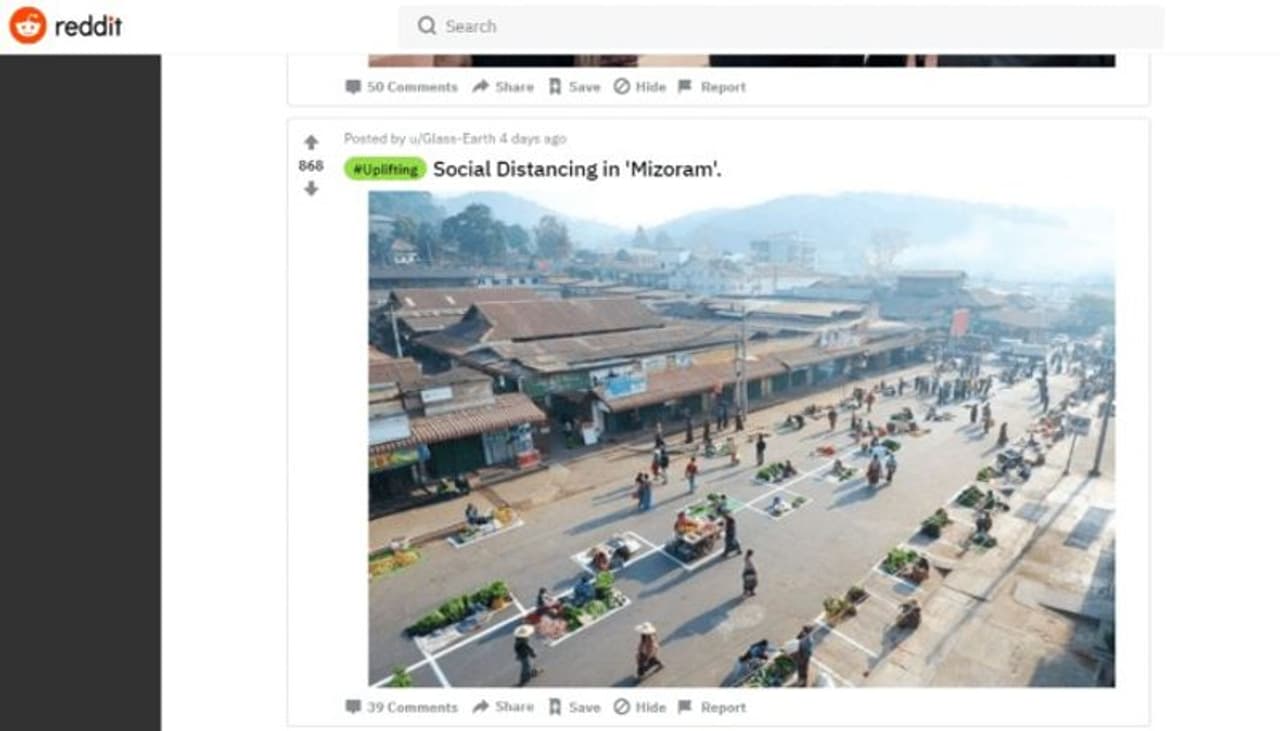 <p>&nbsp;</p><p>സാമൂഹ്യമാധ്യമങ്ങളില്‍ നിരവധി പേരാണ് 'മിസോറം മോഡല്‍ സാമൂഹിക അകലം' ഷെയര്‍ ചെയ്തത്. 'റെഡിറ്റ്(Reddit)' അടക്കമുള്ള വെബ്‍സൈറ്റുകളും മിസോറമിലെ എന്ന പേരില്‍ ഈ ചിത്രം പ്രസിദ്ധീകരിച്ചിട്ടുണ്ട്.&nbsp;</p>