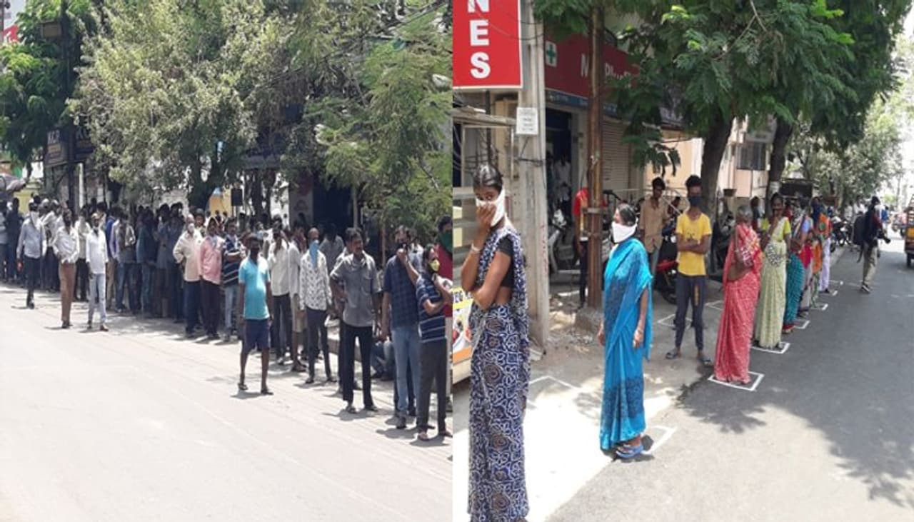 <p>హైదరాబాద్: తెలంగాణలో లాక్ డౌన్ సడలింపుల్లో భాగంగా మద్యం విక్రయాలు ప్రారంభమయ్యాయి. దీంతో పక్కరాష్ట్రం ఆంధ్ర ప్రదేశ్ లో మాదిరిగానే ఇక్కడ కూడా వైన్ షాపుల వద్ద మందుబాబులు హంగామా మొదలయ్యింది. ప్రభుత్వ ఆదేశాలను లెక్కచేయకుండా మద్యం ప్రియులు పెద్దపెద్ద క్యూలైన్లలో ఫిజికల్ డిస్టెన్స్ పాటించకుండానే మద్యంకోసం ఎగబడుతున్నారు. కనీస జాగ్రత్తలు కూడా పాటించకుండాఇండ్లనుండి బయటకు వచ్చి మందుబాబులు చేస్తున్న హంగామా ఆందోళన కలిగిస్తోంది. </p> <p>హైదరాబాద్: తెలంగాణలో లాక్ డౌన్ సడలింపుల్లో భాగంగా మద్యం విక్రయాలు ప్రారంభమయ్యాయి. దీంతో పక్కరాష్ట్రం ఆంధ్ర ప్రదేశ్ లో మాదిరిగానే ఇక్కడ కూడా వైన్ షాపుల వద్ద మందుబాబులు హంగామా మొదలయ్యింది. ప్రభుత్వ ఆదేశాలను లెక్కచేయకుండా మద్యం ప్రియులు పెద్దపెద్ద క్యూలైన్లలో ఫిజికల్ డిస్టెన్స్ పాటించకుండానే మద్యంకోసం ఎగబడుతున్నారు. కనీస జాగ్రత్తలు కూడా పాటించకుండాఇండ్లనుండి బయటకు వచ్చి మందుబాబులు చేస్తున్న హంగామా ఆందోళన కలిగిస్తోంది. </p>