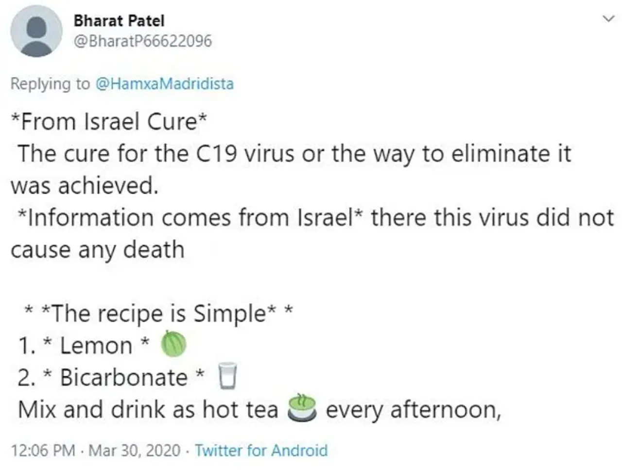 <p>&nbsp;</p><p>ട്വിറ്ററിലും ഫേസ്‌ബുക്കിലും വാട്സ്ആപ്പിലും വൈറലായ സന്ദേശത്തില്‍ പറയുന്നത് ഇതാണ്. കൊറോണ വൈറസിനെ തുരത്താനുള്ള മരുന്ന് കണ്ടെത്തിയിരിക്കുന്നു. വൈറസ് ഇതുവരെ ആള്‍നാശം വിതയ്ക്കാത്ത ഇസ്രയേലില്‍ നിന്നുള്ള വിവരങ്ങളാണിത്.&nbsp;<br />&nbsp;</p>