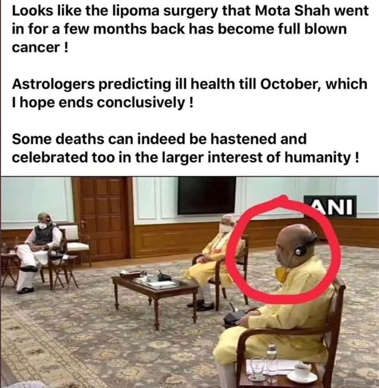 <p> </p><p><strong>എന്തായിരുന്നു പ്രചാരണങ്ങള്</strong></p><p> </p><p>കേന്ദ്ര മന്ത്രിസഭയിലെ ഒരു പ്രബലന് അത്യസന്ന നിലയിലാണ് എന്നായിരുന്നു സാമൂഹ്യമാധ്യമങ്ങളിലെ ആദ്യ പ്രചാരണം. കൊവിഡ് 19 ആണെന്നും ചിലര് പ്രചരിപ്പിച്ചു. ഇതിന് പിന്നാലെ വന്ന അഭ്യുഹങ്ങള് അല്പം കടന്നതായി. 'അര്ബുദത്തെ തുടര്ന്ന് അമിത് ഷാ ശസ്ത്രക്രിയക്ക് വിധേയനായി, അദേഹം അവശനാണ്'. അമിത് ഷായുടെ ആയുസിനെ കുറിച്ച് പ്രവചനങ്ങളുണ്ടെന്ന് വരെ വേരിഫൈഡ് അക്കൗണ്ടുകളില് നിന്ന് ട്വീറ്റുകള് പ്രത്യക്ഷപ്പെട്ടു. അമിത് ഷായുടെ ആരോഗ്യത്തെ കുറിച്ചുള്ള പ്രചാരണങ്ങള് ഇതിലൊന്നും അവസാനിച്ചില്ല... </p> <p> </p><p><strong>എന്തായിരുന്നു പ്രചാരണങ്ങള്</strong></p><p> </p><p>കേന്ദ്ര മന്ത്രിസഭയിലെ ഒരു പ്രബലന് അത്യസന്ന നിലയിലാണ് എന്നായിരുന്നു സാമൂഹ്യമാധ്യമങ്ങളിലെ ആദ്യ പ്രചാരണം. കൊവിഡ് 19 ആണെന്നും ചിലര് പ്രചരിപ്പിച്ചു. ഇതിന് പിന്നാലെ വന്ന അഭ്യുഹങ്ങള് അല്പം കടന്നതായി. 'അര്ബുദത്തെ തുടര്ന്ന് അമിത് ഷാ ശസ്ത്രക്രിയക്ക് വിധേയനായി, അദേഹം അവശനാണ്'. അമിത് ഷായുടെ ആയുസിനെ കുറിച്ച് പ്രവചനങ്ങളുണ്ടെന്ന് വരെ വേരിഫൈഡ് അക്കൗണ്ടുകളില് നിന്ന് ട്വീറ്റുകള് പ്രത്യക്ഷപ്പെട്ടു. അമിത് ഷായുടെ ആരോഗ്യത്തെ കുറിച്ചുള്ള പ്രചാരണങ്ങള് ഇതിലൊന്നും അവസാനിച്ചില്ല... </p>