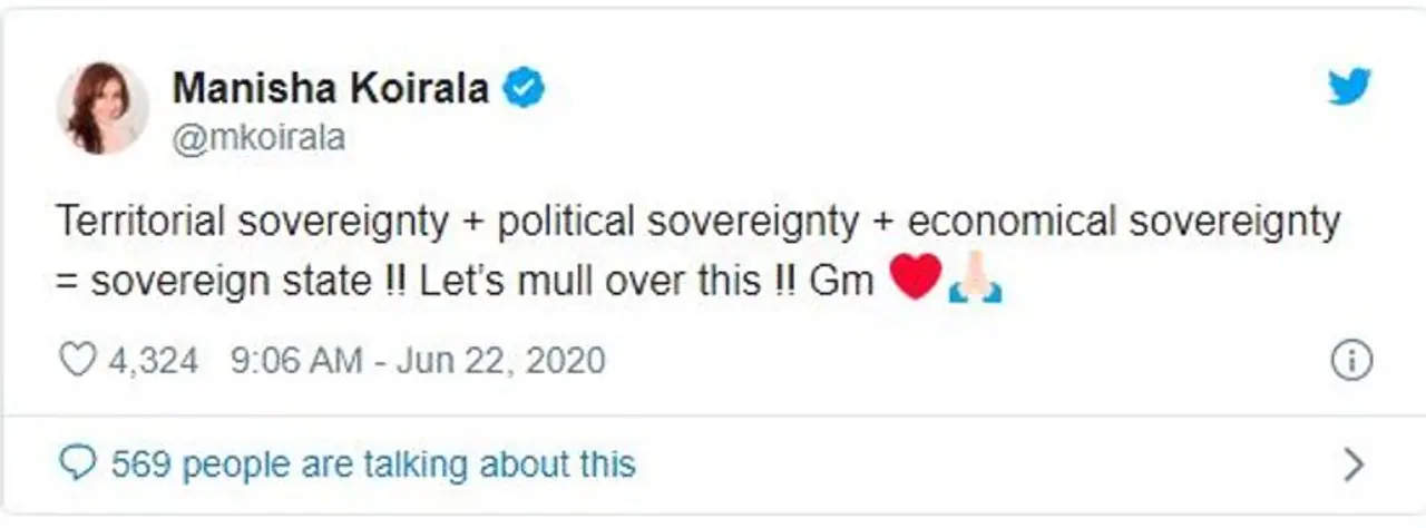 <p>ಗಡಿಯಲ್ಲಿ ಸಾರ್ವಭೌಮತ್ವ, ರಾಜಕೀಯ ಸಾರ್ವಭೌಮತ್ವ ಮತ್ತು ಆರ್ಥಿಕ ಸಾರ್ವಭೌಮತ್ವ ಸೇರಿ ಒಂದು ಸದೃಢ ಸಾರ್ವಭೌಮ ದೇಶ ಈ ಬಗ್ಗೆ ಕೆಲಸ ಮಾಡೋಣ ಎಂದು ನೇಪಾಳವನ್ನು ಉದ್ದೇಶಿಸಿ ಬರೆದುಕೊಂಡಿದ್ದು ಅವರನ್ನು ಸಂಕಷ್ಟಕ್ಕೆ ಸಿಲುಕಿಸಿದೆ.</p> <p>ಗಡಿಯಲ್ಲಿ ಸಾರ್ವಭೌಮತ್ವ, ರಾಜಕೀಯ ಸಾರ್ವಭೌಮತ್ವ ಮತ್ತು ಆರ್ಥಿಕ ಸಾರ್ವಭೌಮತ್ವ ಸೇರಿ ಒಂದು ಸದೃಢ ಸಾರ್ವಭೌಮ ದೇಶ ಈ ಬಗ್ಗೆ ಕೆಲಸ ಮಾಡೋಣ ಎಂದು ನೇಪಾಳವನ್ನು ಉದ್ದೇಶಿಸಿ ಬರೆದುಕೊಂಡಿದ್ದು ಅವರನ್ನು ಸಂಕಷ್ಟಕ್ಕೆ ಸಿಲುಕಿಸಿದೆ.</p>