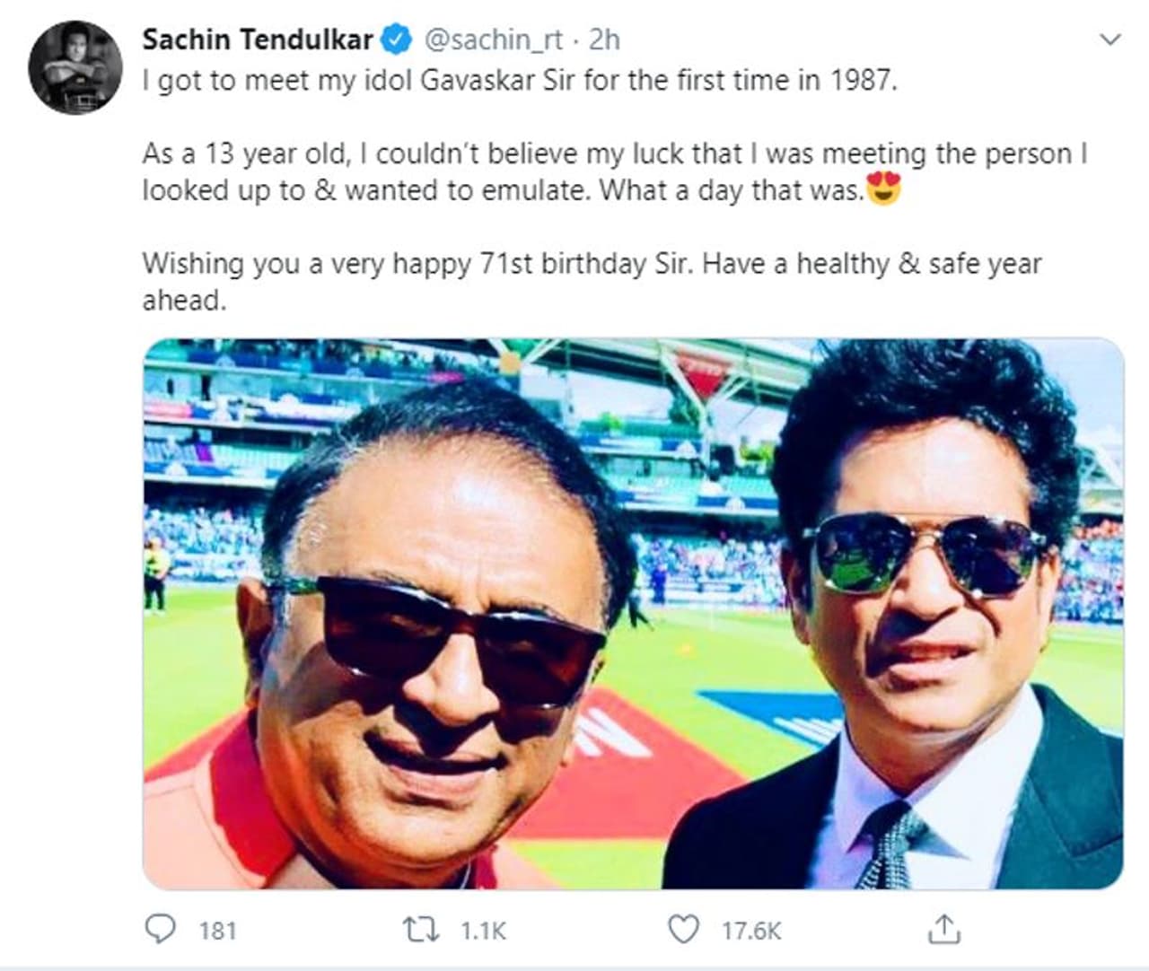 <h1>തന്റെ മാതൃകാ പുരുഷനായ സുനില് ഗാവസ്കറിനെ 1987ല് ആദ്യമായി കണ്ടുമുട്ടിയത് ഓര്മ്മിച്ചായിരുന്നു സച്ചിന്റെ ആശംസ. താന് ഏറെ ആരാധനയോടെ നോക്കിക്കണ്ട, അനുകരിക്കാന് ശ്രമിച്ച താരത്തെ കാണാനുള്ള ഭാഗ്യം ഒരു 13 വയസുകാരന് വിശ്വസിക്കാനായില്ല എന്ന് സച്ചിന് പറയുന്നു. </h1> <h1>തന്റെ മാതൃകാ പുരുഷനായ സുനില് ഗാവസ്കറിനെ 1987ല് ആദ്യമായി കണ്ടുമുട്ടിയത് ഓര്മ്മിച്ചായിരുന്നു സച്ചിന്റെ ആശംസ. താന് ഏറെ ആരാധനയോടെ നോക്കിക്കണ്ട, അനുകരിക്കാന് ശ്രമിച്ച താരത്തെ കാണാനുള്ള ഭാഗ്യം ഒരു 13 വയസുകാരന് വിശ്വസിക്കാനായില്ല എന്ന് സച്ചിന് പറയുന്നു. </h1>