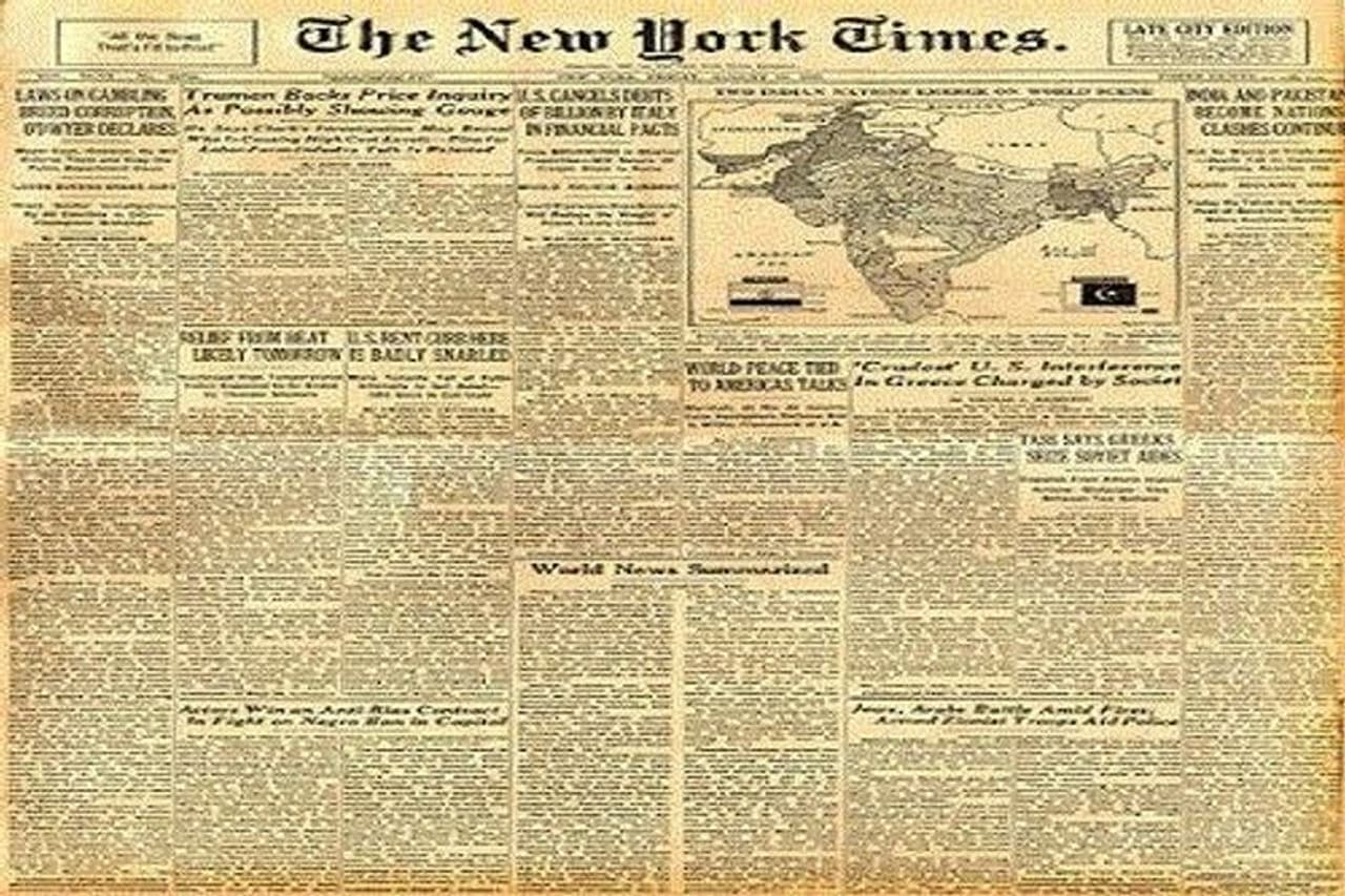 <p>15 ഓഗസ്റ്റ് 1947 ന്യൂയോർക്ക് ടൈംസ് തലക്കെട്ട് ഇന്ത്യയും പാകിസ്ഥാനും രാഷ്ട്രങ്ങളായി, ഏറ്റുമുട്ടലുകൾ തുടരുന്നു. </p> <p>15 ഓഗസ്റ്റ് 1947 ന്യൂയോർക്ക് ടൈംസ് തലക്കെട്ട് ഇന്ത്യയും പാകിസ്ഥാനും രാഷ്ട്രങ്ങളായി, ഏറ്റുമുട്ടലുകൾ തുടരുന്നു. </p>