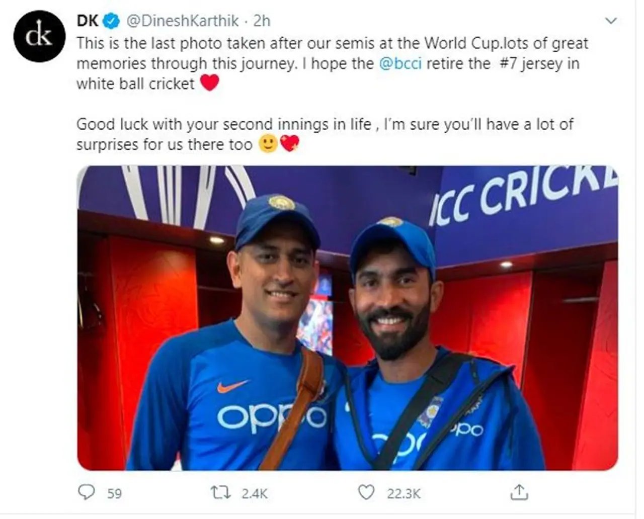 <p>Wicketkeeper batsman Dinesh Karthik took to Twitter and said he wants the BCCI to retire the No. 7 jersey in white ball cricket.</p> <p>Wicketkeeper batsman Dinesh Karthik took to Twitter and said he wants the BCCI to retire the No. 7 jersey in white ball cricket.</p>