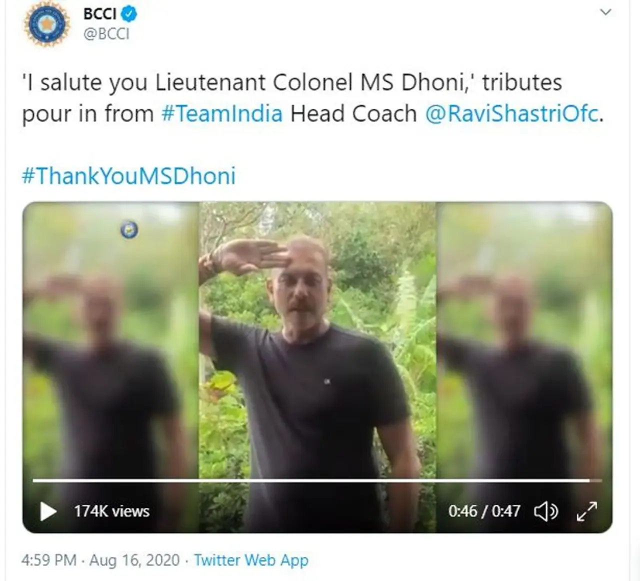 <p>In a video tribute posted on the official Twitter handle of the Board of Control for Cricket in India (BCCI), Shastri also saluted Lieutenant Colonel Dhoni.</p> <p>In a video tribute posted on the official Twitter handle of the Board of Control for Cricket in India (BCCI), Shastri also saluted Lieutenant Colonel Dhoni.</p>