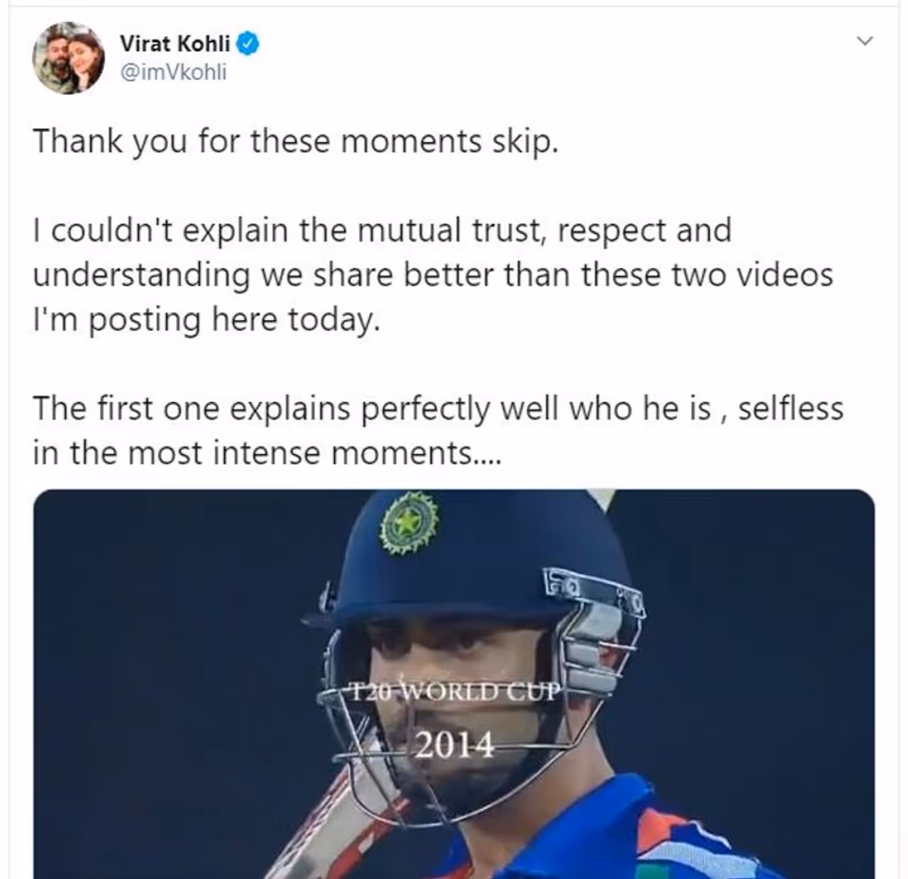 <p>Taking to his Twitter account, Kohli posted a video where he spoke about two matches in World T20 2014 and 2016.</p> <p>Taking to his Twitter account, Kohli posted a video where he spoke about two matches in World T20 2014 and 2016.</p>