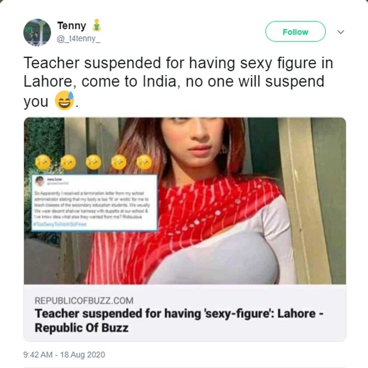 <p> </p><p><strong>പ്രചാരണം ഇങ്ങനെ</strong></p><p> </p><p>സൗന്ദര്യത്തിന്റെ പേരില് ടീച്ചറെ സ്കൂള് പുറത്താക്കിയതായി Republic of Buzz എന്ന വെബ്സൈറ്റാണ് ആദ്യം വാര്ത്ത നല്കിയത്. ‘Teacher suspended for having ‘sexy figure’ എന്നായിരുന്നു തലക്കെട്ട്.</p> <p> </p><p><strong>പ്രചാരണം ഇങ്ങനെ</strong></p><p> </p><p>സൗന്ദര്യത്തിന്റെ പേരില് ടീച്ചറെ സ്കൂള് പുറത്താക്കിയതായി Republic of Buzz എന്ന വെബ്സൈറ്റാണ് ആദ്യം വാര്ത്ത നല്കിയത്. ‘Teacher suspended for having ‘sexy figure’ എന്നായിരുന്നു തലക്കെട്ട്.</p>