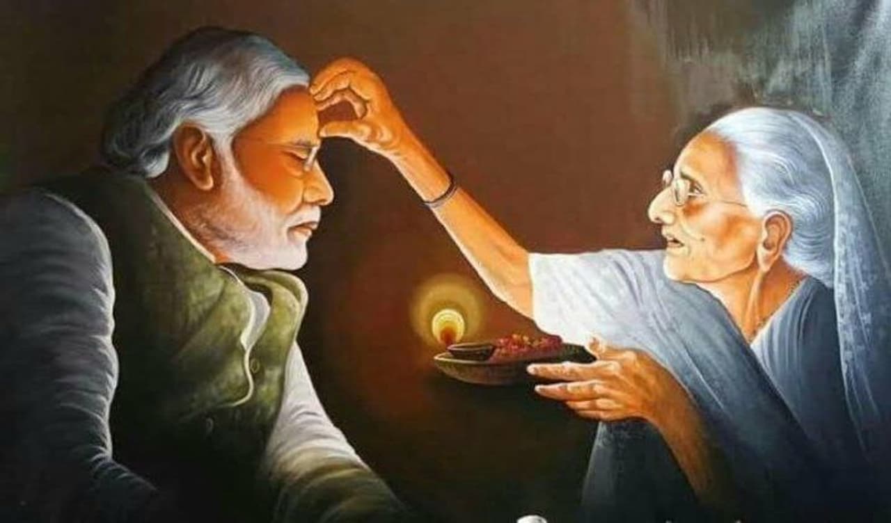 <p>மோடிக்கு வெற்றி திலகமிடும் தாய்.. தத்ரூபமாக வரையப்பட்ட புகைப்படம்&nbsp;</p>