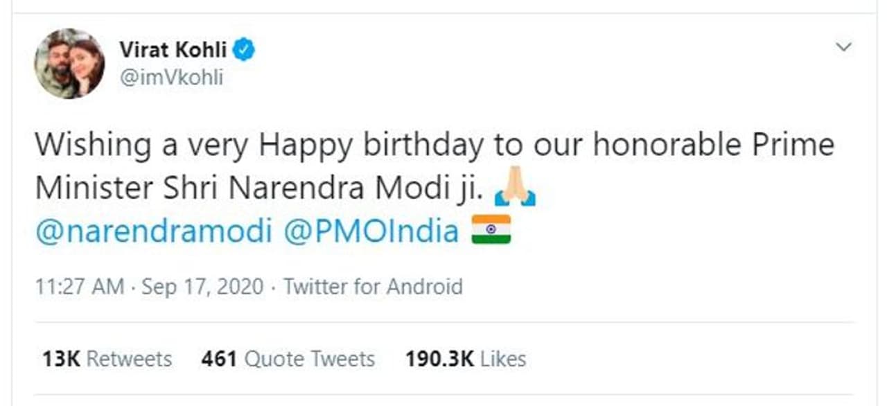 <p>On Thursday (September 17), Kohli took to the micro blogging website Twitter to wish PM Modi on his 70th birthday. “Wishing a very Happy birthday to our honorable Prime Minister Shri Narendra Modi ji. @narendramodi @PMOIndia (sic),” RCB skipper wrote.</p>