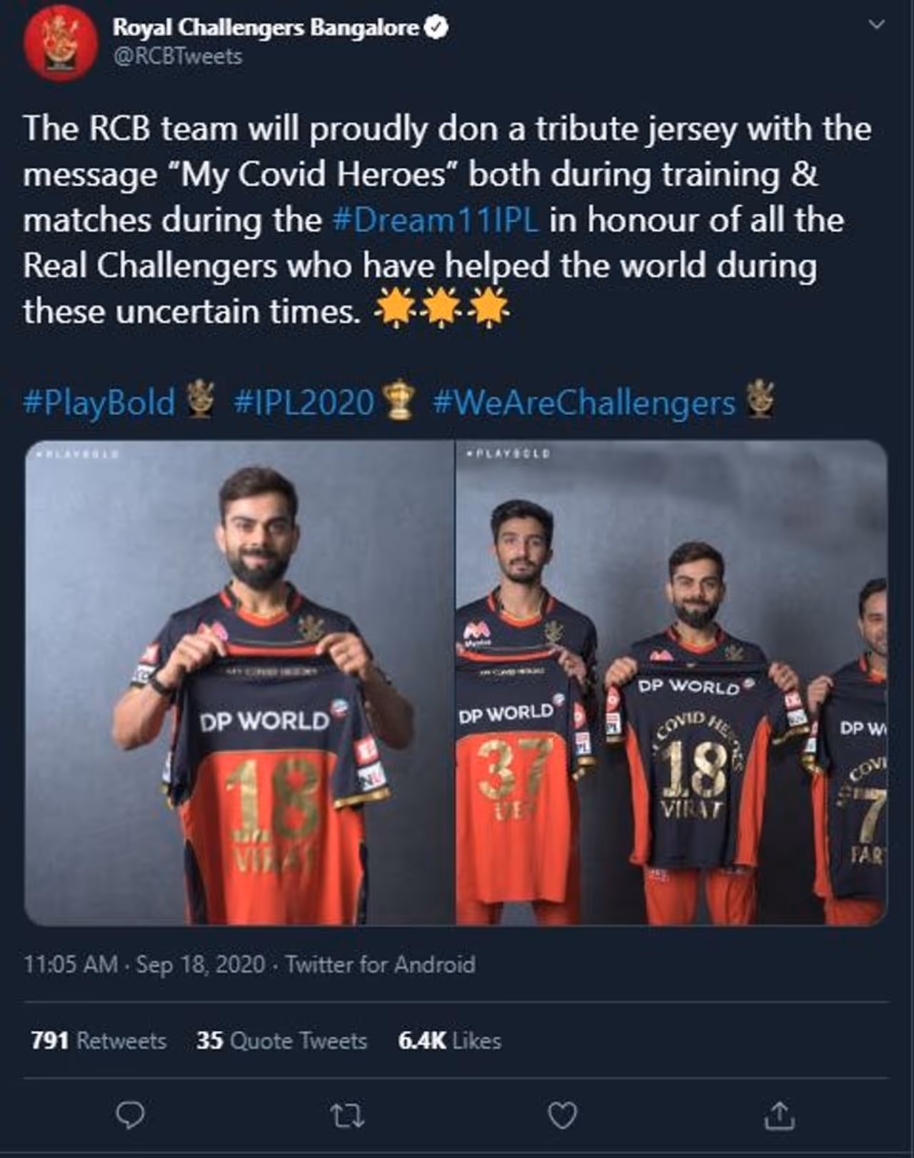 <p style="text align: justify;">The Royal Challengers Bangalore (RCB) has hogged the limelight time and again because of their aggressive #MyCovidHeroes campaign. Earlier this week, the franchise announced the inscribing of ‘My Covid Heroes’ on the players’ jerseys throughout the season, in order to extend their tribute to the frontline Covid warriors. Besides the team also committed to donating the proceeds from the auction of the jerseys that players wear during their first match of the season to GiveIndia Foundation. </p> <p style="text align: justify;">The Royal Challengers Bangalore (RCB) has hogged the limelight time and again because of their aggressive #MyCovidHeroes campaign. Earlier this week, the franchise announced the inscribing of ‘My Covid Heroes’ on the players’ jerseys throughout the season, in order to extend their tribute to the frontline Covid warriors. Besides the team also committed to donating the proceeds from the auction of the jerseys that players wear during their first match of the season to GiveIndia Foundation. </p>