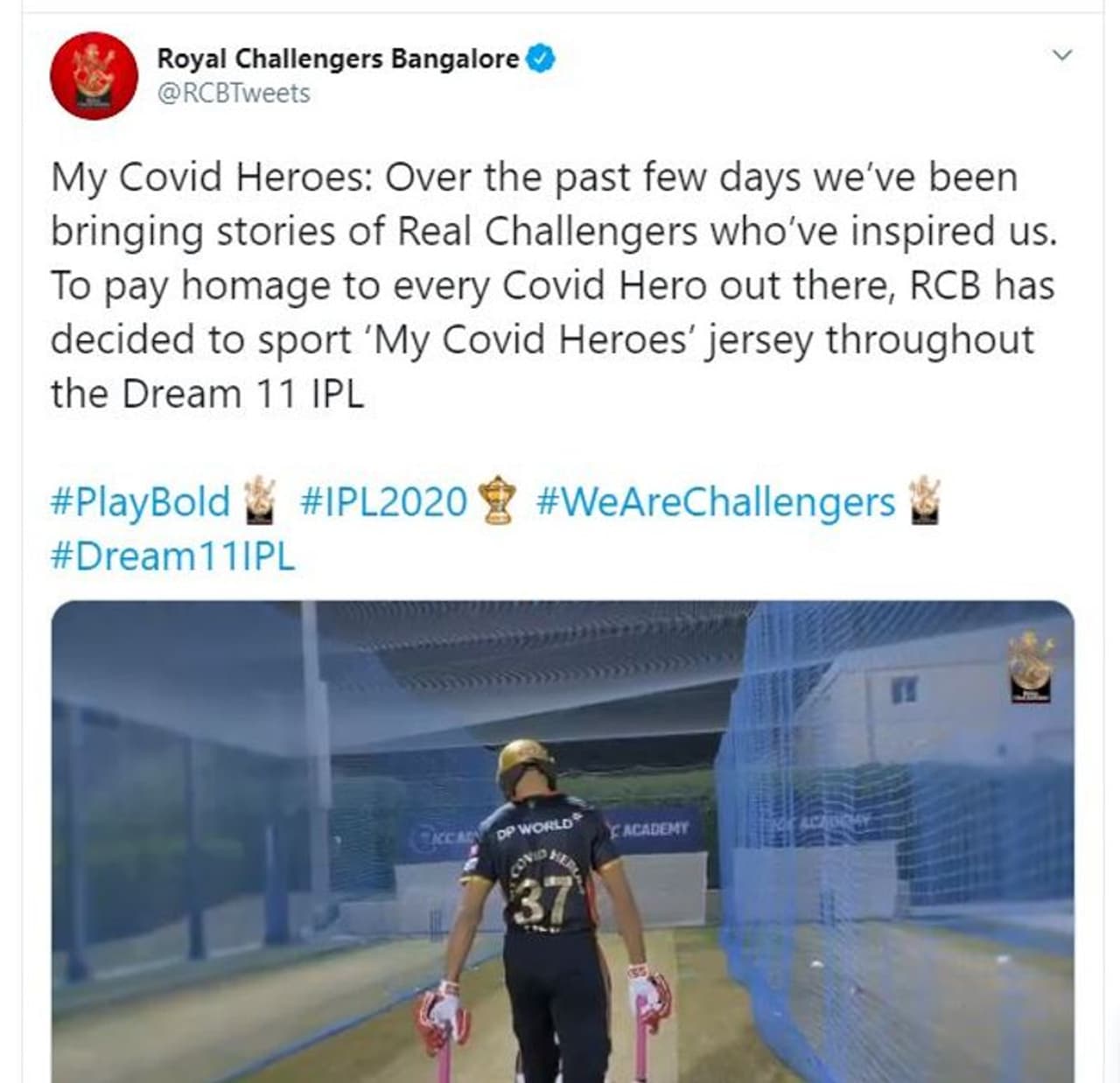 <p>RCB had announced that they will pay tributes to COVID 19 heroes who have made a difference to the country during the coronavirus pandemic.</p> <p>RCB had announced that they will pay tributes to COVID 19 heroes who have made a difference to the country during the coronavirus pandemic.</p>