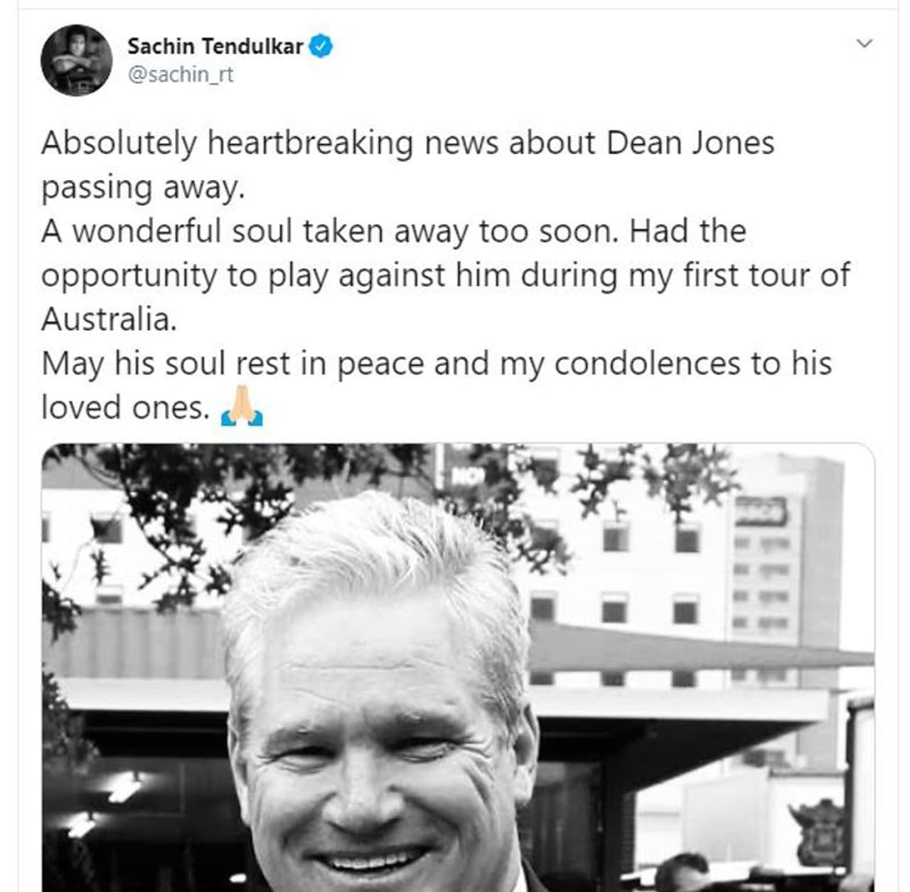<p><strong>Sachin Tendulkar:</strong> "Absolutely heartbreaking news about Dean Jones passing away. A wonderful soul taken away too soon. Had the opportunity to play against him during my first tour of Australia. May his soul rest in peace and my condolences to his loved ones."</p> <p><strong>Sachin Tendulkar:</strong> "Absolutely heartbreaking news about Dean Jones passing away. A wonderful soul taken away too soon. Had the opportunity to play against him during my first tour of Australia. May his soul rest in peace and my condolences to his loved ones."</p>