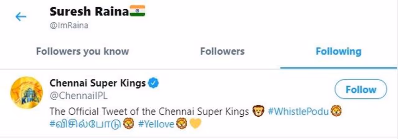 <p>ஐபிஎல் 2020 இலிருந்து விலகுவதற்கான தனது முடிவின் பின்னணியில் தனக்கும் சிஎஸ்கே நிர்வாகத்துக்கும் இடையிலான பிளவு பற்றிய அனைத்து அறிக்கைகளையும் ரெய்னா துடைத்தாலும், சமூக ஊடகங்களில் யூகங்கள் தொடர்ந்து பரவி வருகின்றன. சனிக்கிழமையன்று, ரெய்னா மற்றும் சிஎஸ்கேவின் அதிகாரப்பூர்வ ட்விட்டர் கைப்பிடி ஒருவருக்கொருவர் பின்தொடர்வது பற்றிய போலி செய்திகள் மைக்ரோ பிளாக்கிங் தளத்தில் வைரலாகின</p>