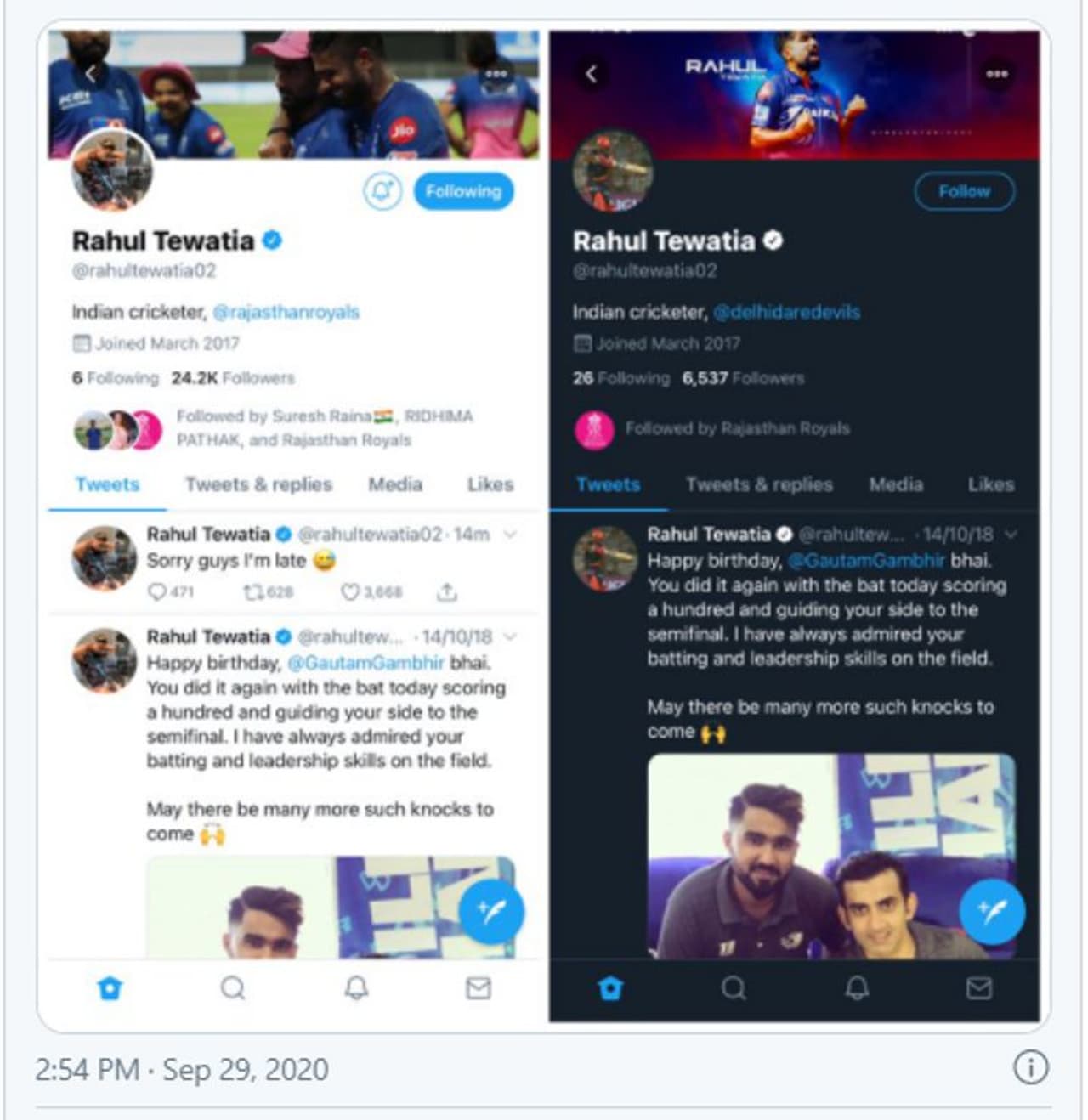 <p>എന്നാല് രാജസ്ഥാന് താരത്തിന്റെ ട്വിറ്റര് ബയോ കണ്ടവര് ഞെട്ടി. തിവാട്ടിയയുടെ ട്വിറ്റര് പ്രൊഫൈലില് രേഖപ്പെടുത്തിയിരിക്കുന്നത് ഡൽഹി ഡെയര്ഡെവിള്സ് താരമെന്ന്.</p> <p>എന്നാല് രാജസ്ഥാന് താരത്തിന്റെ ട്വിറ്റര് ബയോ കണ്ടവര് ഞെട്ടി. തിവാട്ടിയയുടെ ട്വിറ്റര് പ്രൊഫൈലില് രേഖപ്പെടുത്തിയിരിക്കുന്നത് ഡൽഹി ഡെയര്ഡെവിള്സ് താരമെന്ന്.</p>