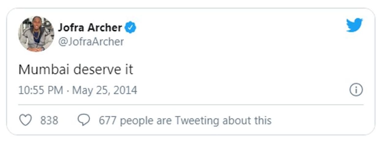 <p>இந்தியன் பிரீமியர் லீக்கின் (ஐபிஎல்) 13 வது பதிப்பில் ராஜஸ்தான் ராயல்ஸ் (ஆர்ஆர்) அணிக்காக தற்போது கிரிக்கெட் வீரர் ஐக்கிய அரபு எமிரேட்ஸில் உள்ளார். ஆனால் மும்பையில் ஏற்பட்ட திடீர் மின் தடை காரணமாக அவர் இந்தியாவில் தற்போது பிரபலமாகி வருகிறார், இது நகரத்திற்கு தொல்லைகளை ஏற்படுத்தியுள்ளது. ஆர்ச்சரின் பழைய ட்வீட்டுகள் உலகெங்கிலும் உள்ள தற்போதைய நிகழ்வுகளுடன் ஒற்றுமையைக் கண்டறிவது இது முதல் தடவை அல்ல, ஒவ்வொரு முறையும் ஒரு புதிய ட்வீட் பெருங்களிப்புடன் வரும்.<br /> </p> <p>இந்தியன் பிரீமியர் லீக்கின் (ஐபிஎல்) 13 வது பதிப்பில் ராஜஸ்தான் ராயல்ஸ் (ஆர்ஆர்) அணிக்காக தற்போது கிரிக்கெட் வீரர் ஐக்கிய அரபு எமிரேட்ஸில் உள்ளார். ஆனால் மும்பையில் ஏற்பட்ட திடீர் மின் தடை காரணமாக அவர் இந்தியாவில் தற்போது பிரபலமாகி வருகிறார், இது நகரத்திற்கு தொல்லைகளை ஏற்படுத்தியுள்ளது. ஆர்ச்சரின் பழைய ட்வீட்டுகள் உலகெங்கிலும் உள்ள தற்போதைய நிகழ்வுகளுடன் ஒற்றுமையைக் கண்டறிவது இது முதல் தடவை அல்ல, ஒவ்வொரு முறையும் ஒரு புதிய ட்வீட் பெருங்களிப்புடன் வரும்.<br /> </p>