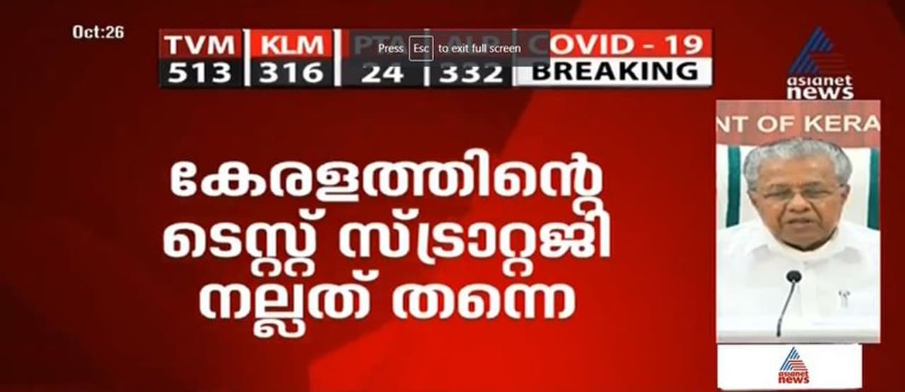 <p>കേരളത്തിന് കൃത്യമായ ടെസ്റ്റിംഗ് സ്ട്രാറ്റജി ഉണ്ട്. അത് നല്ല സ്ട്രാറ്റജി തന്നെയാണ്. രോഗലക്ഷണമുള്ളവരെ കണ്ടെത്തി ടെസ്റ്റുകള് നടത്തുന്നതിനാണ് കൂടുതലായി നാം ശ്രമിക്കുന്നതെന്ന് മുഖ്യമന്ത്രി പറഞ്ഞു.</p> <p>കേരളത്തിന് കൃത്യമായ ടെസ്റ്റിംഗ് സ്ട്രാറ്റജി ഉണ്ട്. അത് നല്ല സ്ട്രാറ്റജി തന്നെയാണ്. രോഗലക്ഷണമുള്ളവരെ കണ്ടെത്തി ടെസ്റ്റുകള് നടത്തുന്നതിനാണ് കൂടുതലായി നാം ശ്രമിക്കുന്നതെന്ന് മുഖ്യമന്ത്രി പറഞ്ഞു.</p>