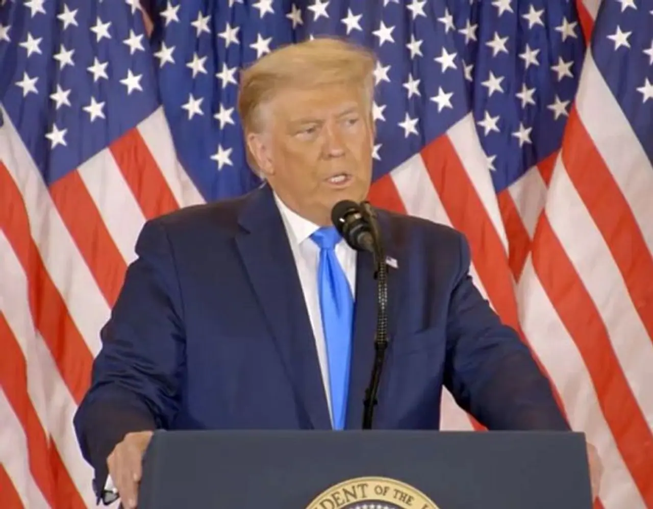 <p>Trump takes to the podium in the White House's East Room.</p><p>He starts by thanking his family, and the millions of supporters who turned out for him tonight.</p><p>"We were getting ready for a big celebration," he says, adding "We were winning everything."</p><p>Taking a triumphant tone, Trump celebrates his big win of the night in Florida.</p><p>"We didn't win it, we won it by a lot," he says.</p><p>Trump alleges ‘major fraud’ in the elections, says 'we will be going to the US Supreme Court'</p>